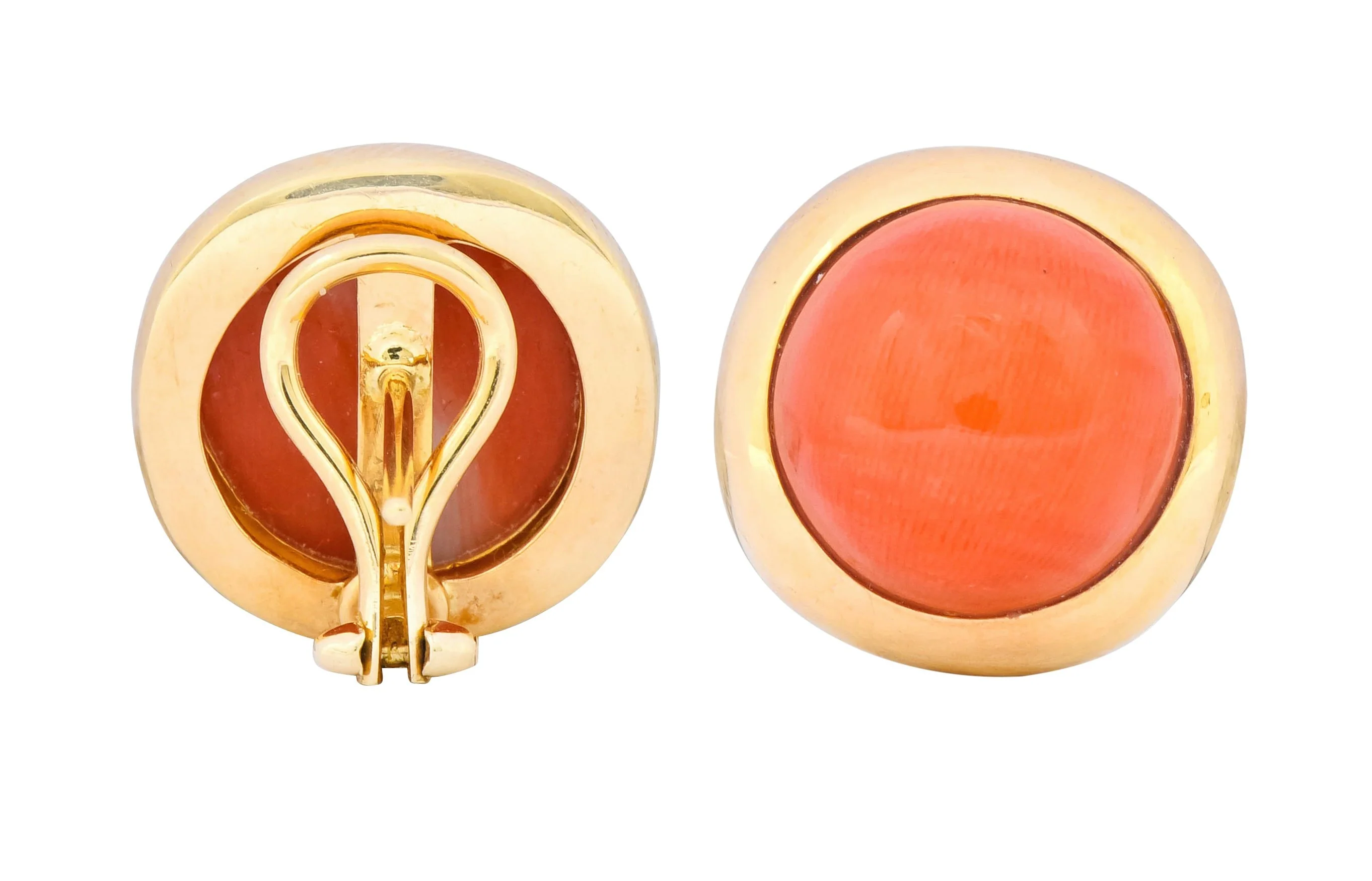 Retro Coral Cabochon 14 Karat Yellow Gold Circular Earrings - Image 8