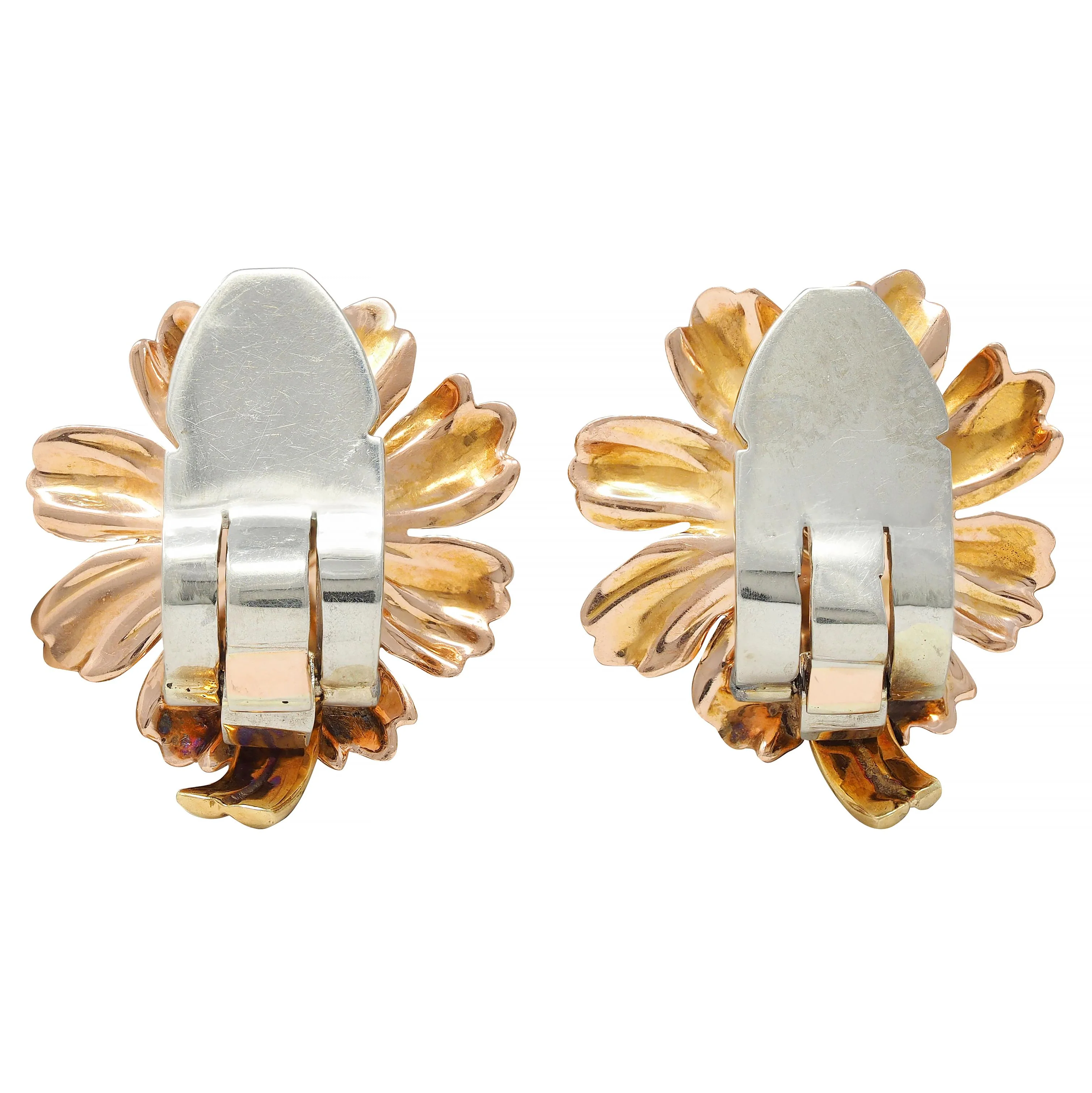 Retro Diamond 14 Karat Tri-Gold Vintage Daisy Flower Ear-Clip 1940s Earrings - Image 4