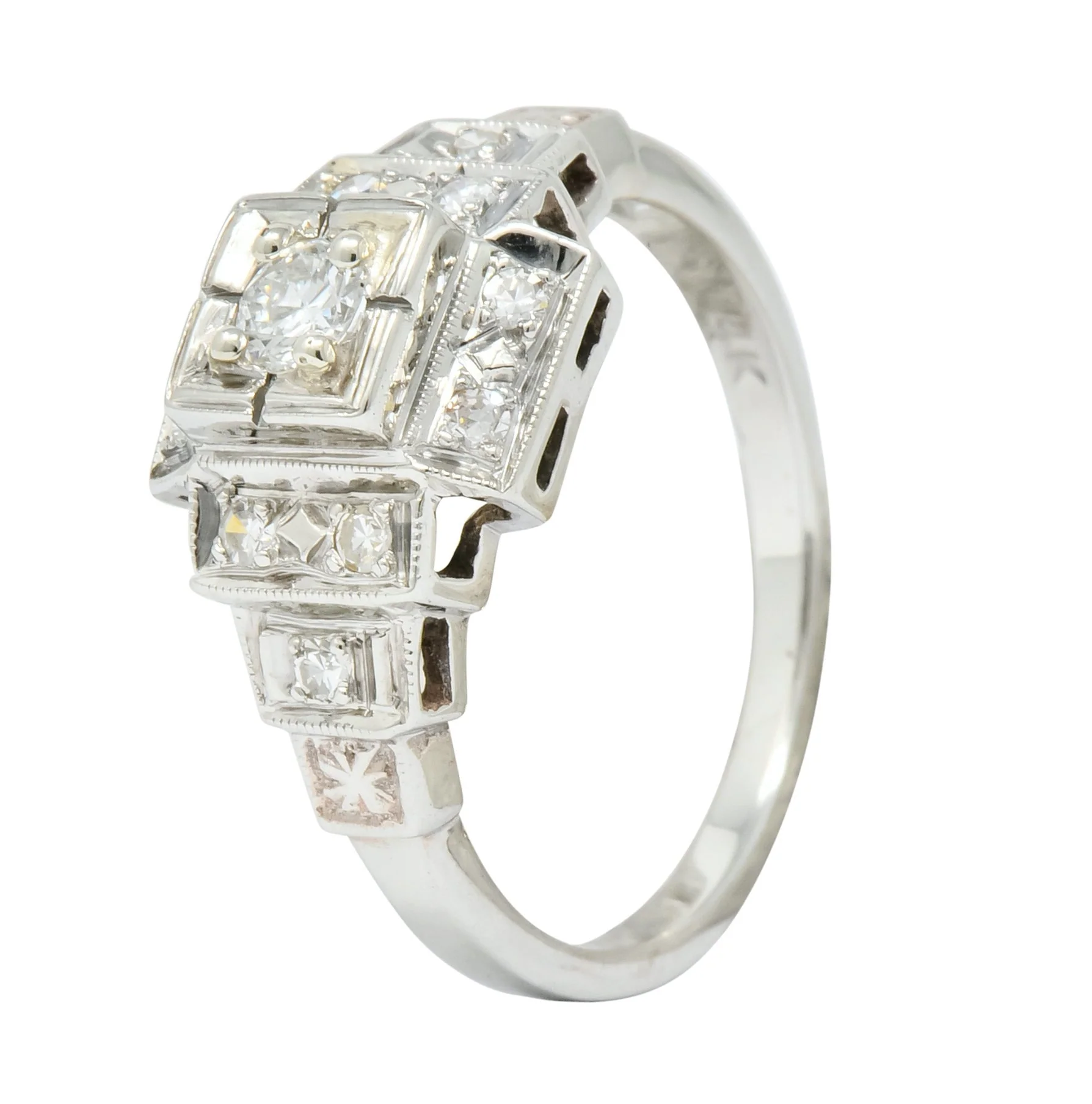Retro Diamond 14 Karat White Gold Engagement Ring Circa 1940's - Image 2