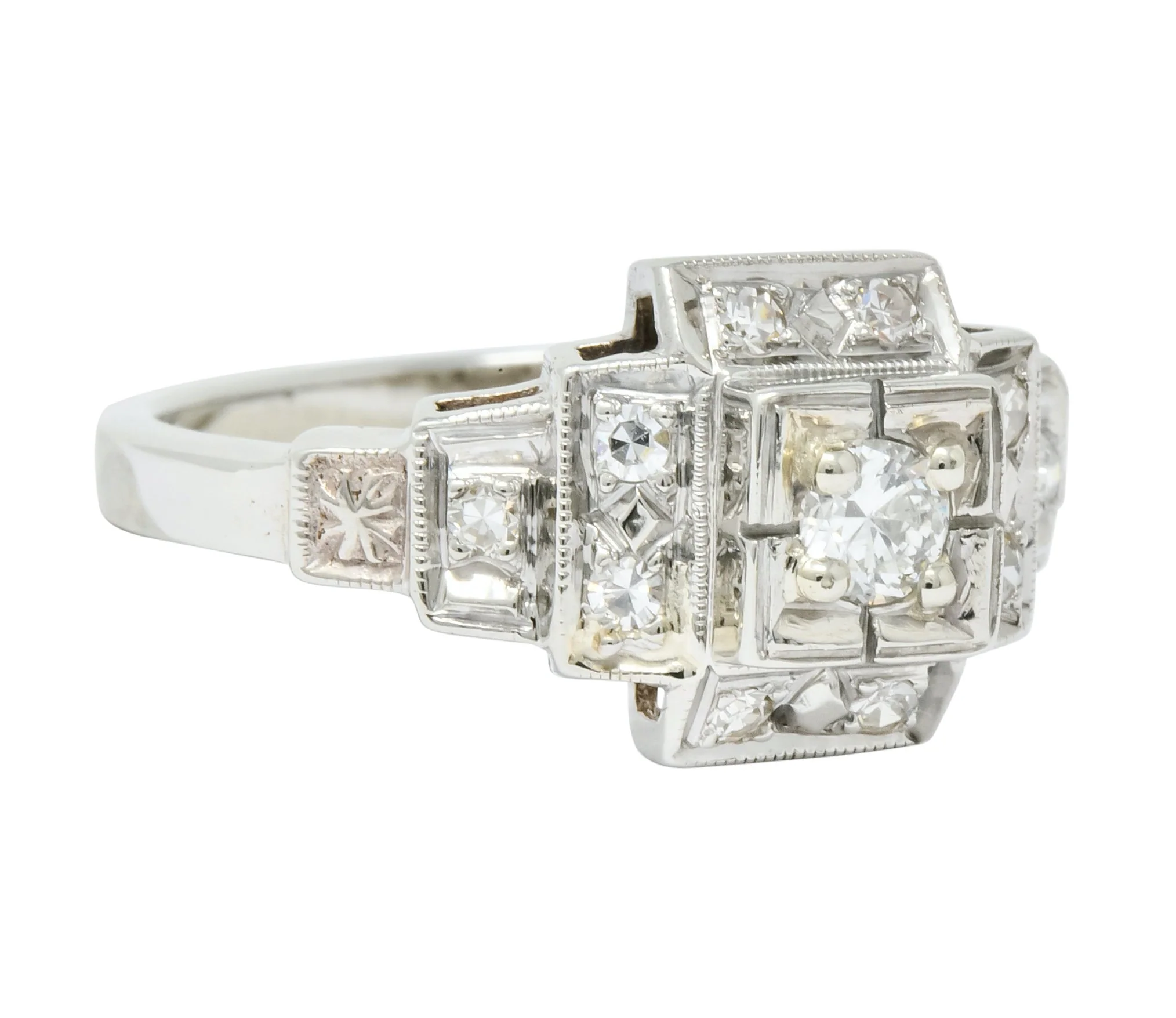 Retro Diamond 14 Karat White Gold Engagement Ring Circa 1940's - Image 3