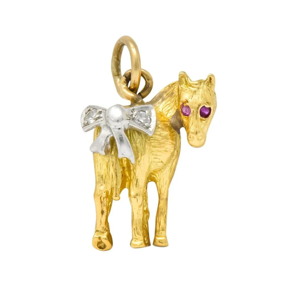 Retro Diamond Ruby Platinum 18 Karat Gold Donkey Charm