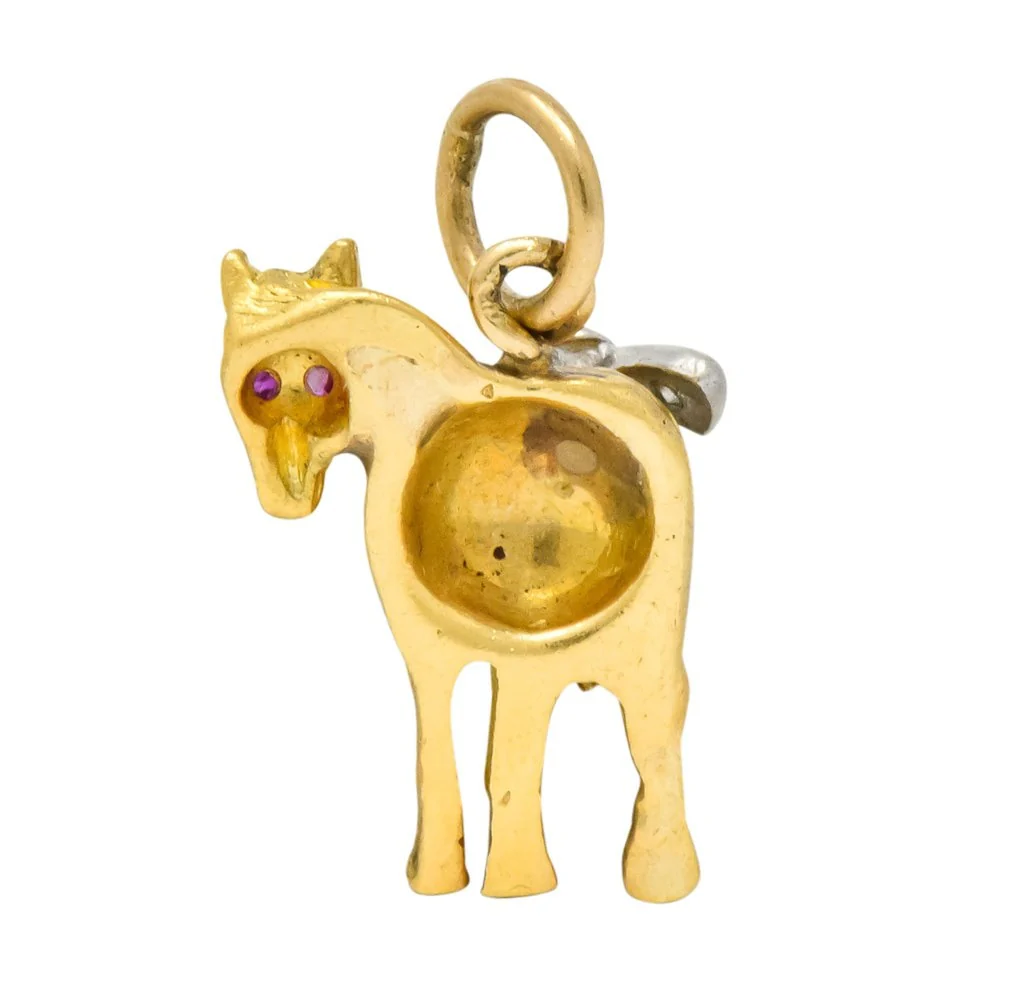 Retro Diamond Ruby Platinum 18 Karat Gold Donkey Charm - Image 2