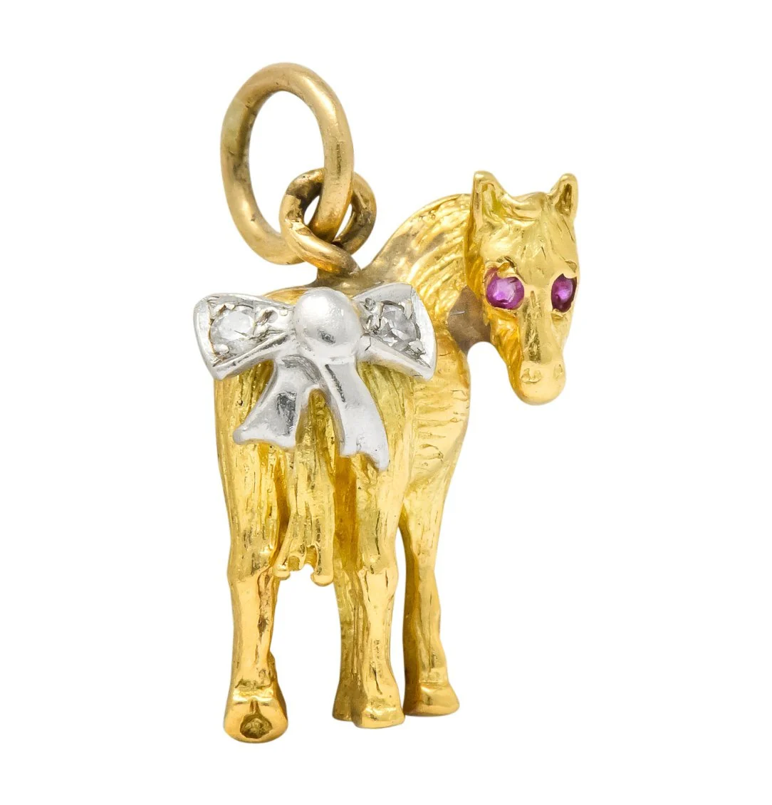 Retro Diamond Ruby Platinum 18 Karat Gold Donkey Charm - Image 3