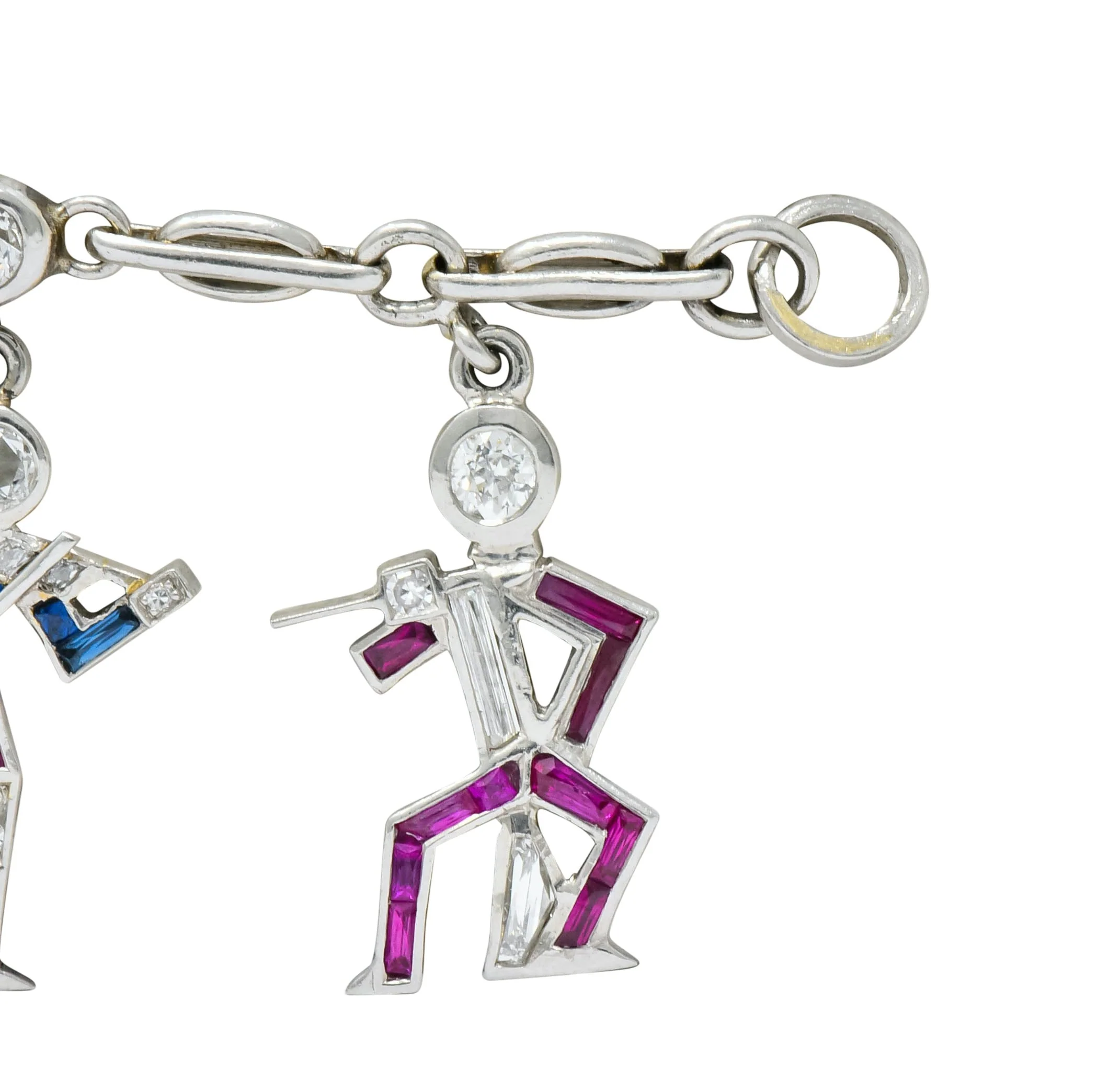 Retro Diamond Ruby Sapphire Platinum Jazz Band Musical Charm Bracelet Circa 1940s - Image 7