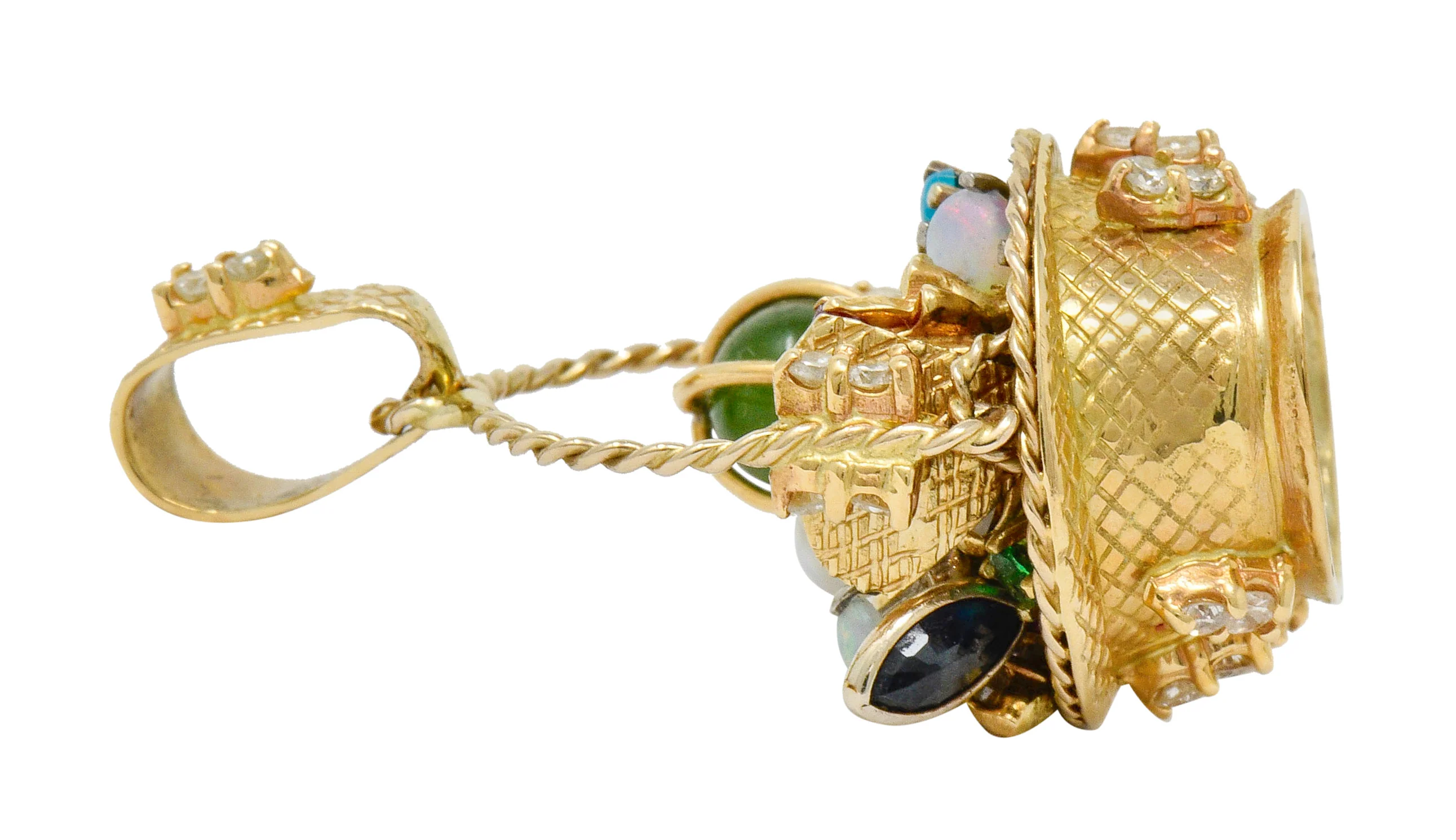 Retro Diamond Sapphire Opal Multi-Gem 14 Karat Gold Fruit Basket Pendant Charm - Image 9