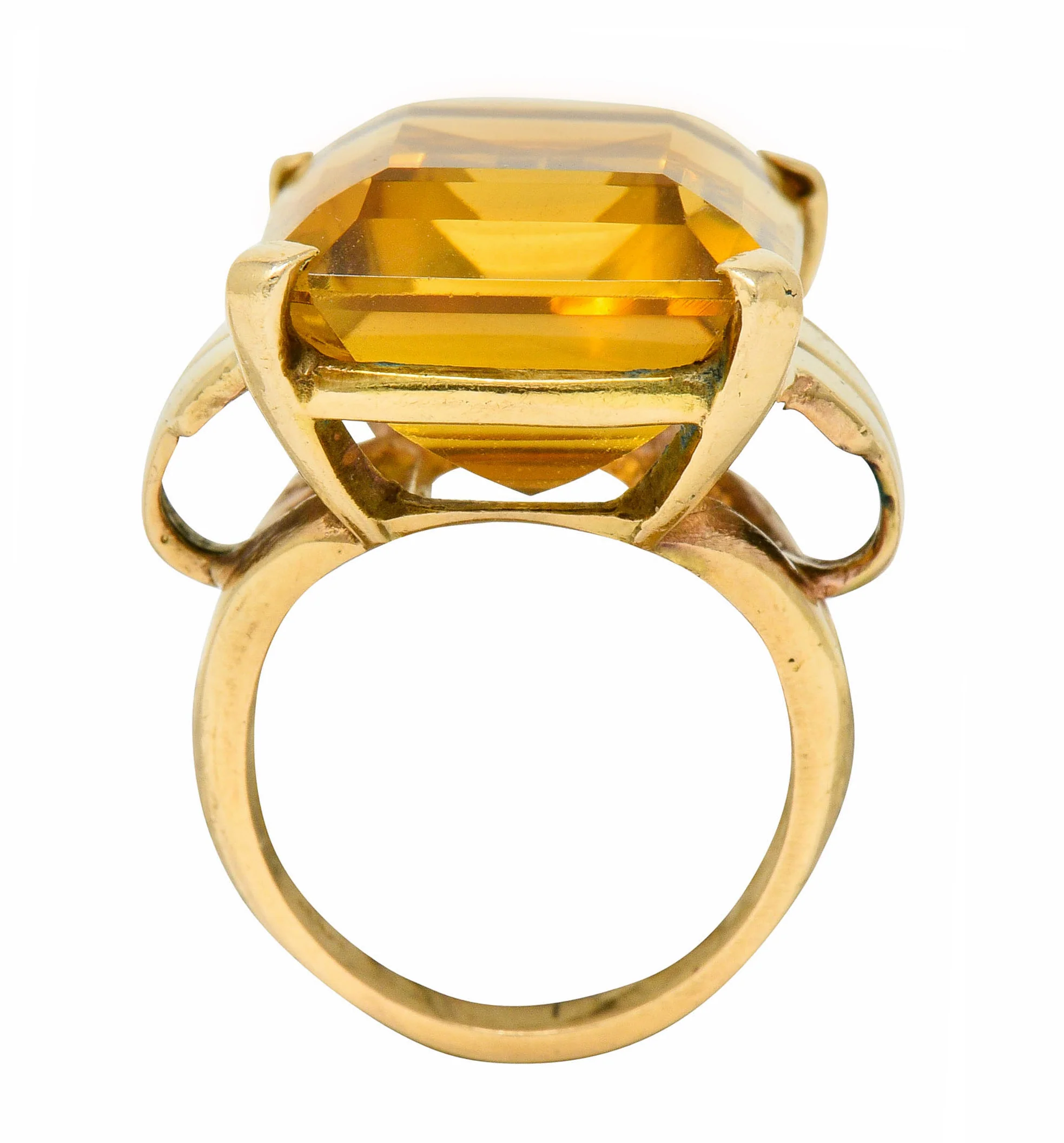 Retro Emerald Cut Citrine 14 Karat Gold Statement Ring Circa 1940 - Image 8