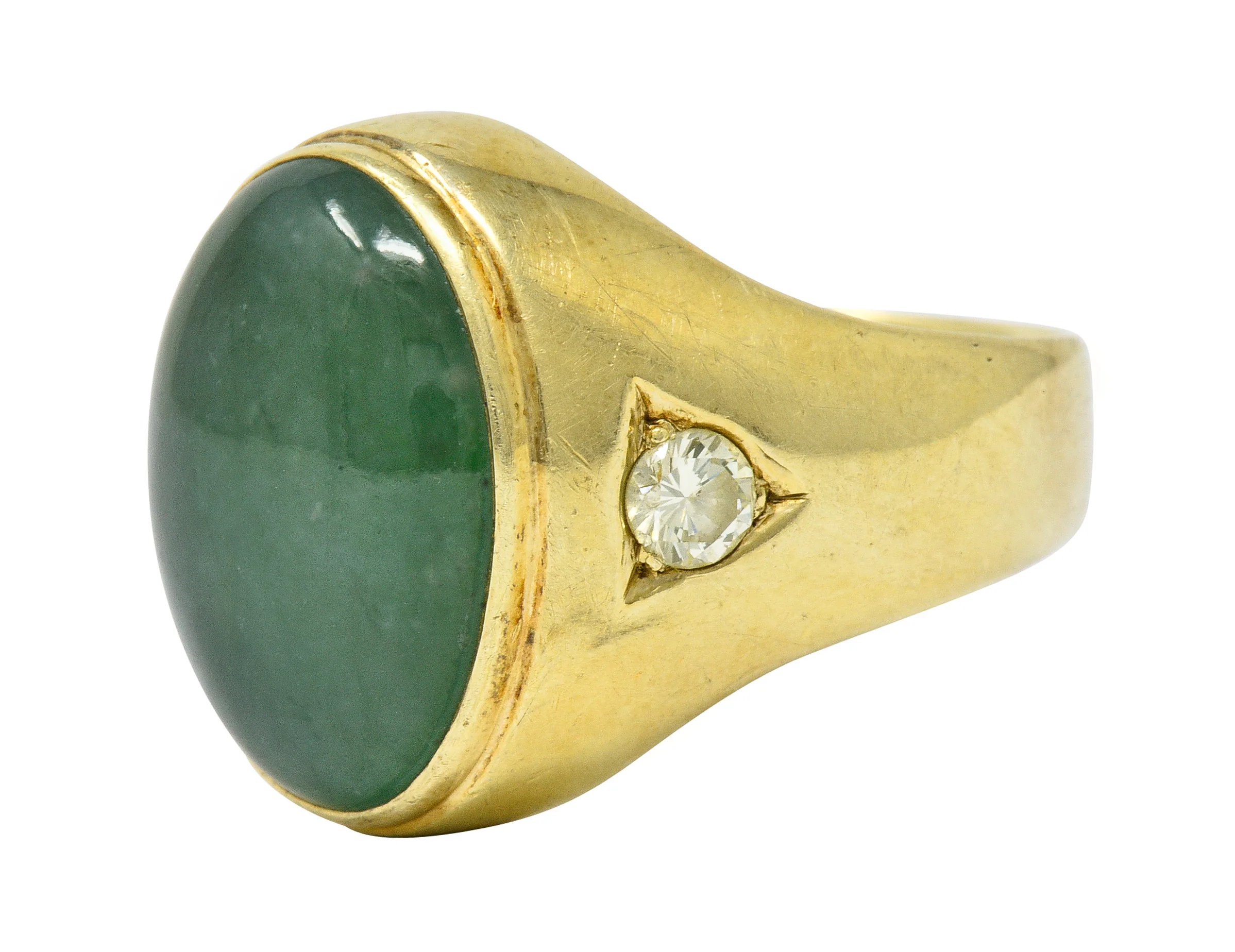 Retro Jadeite Jade Diamond 14 Karat Gold Unisex Cabochon Ring GIA - Image 6