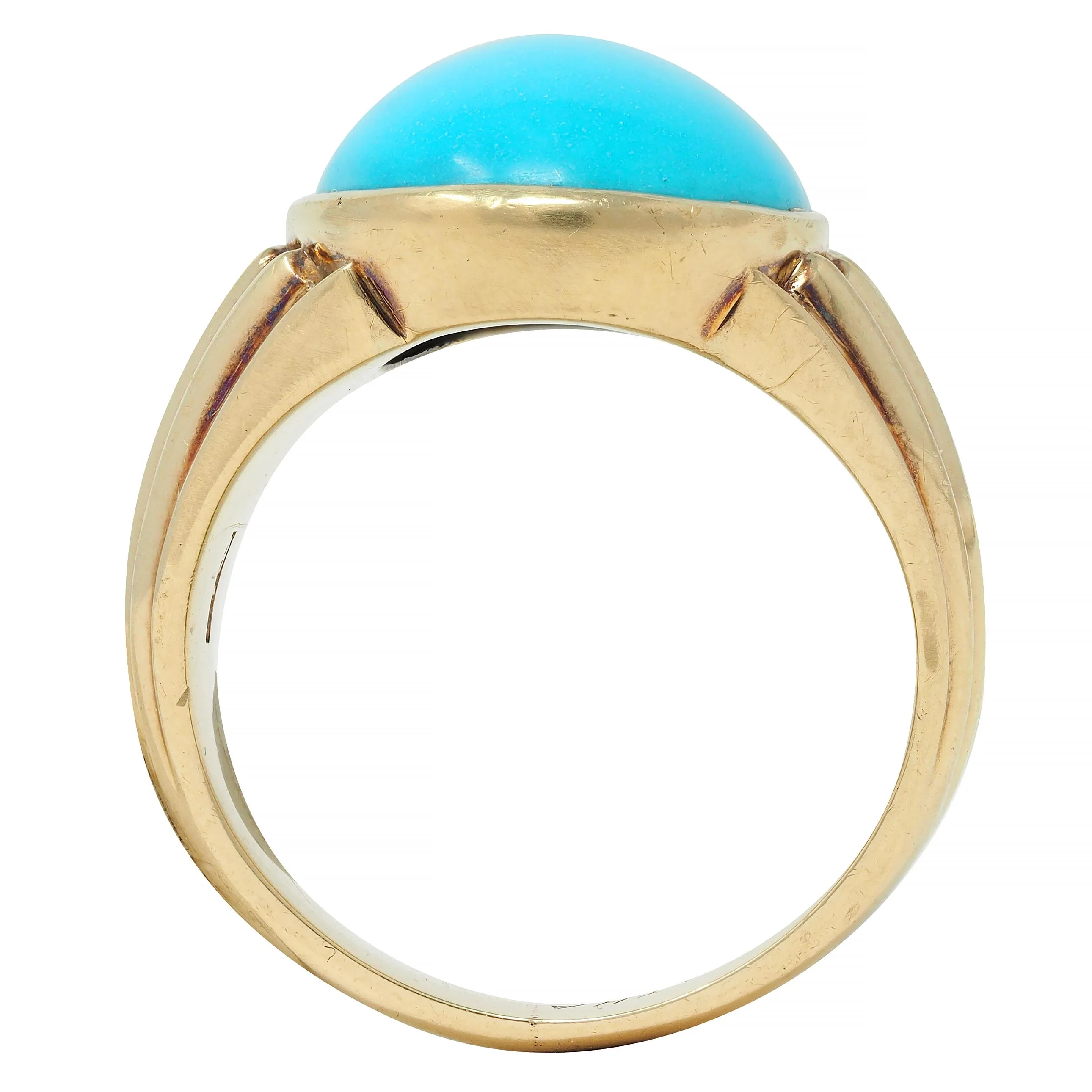 Retro Jones & Woodland Turquoise 14 Karat Yellow Gold Fanning Vintage Men's Signet Ring - Image 10
