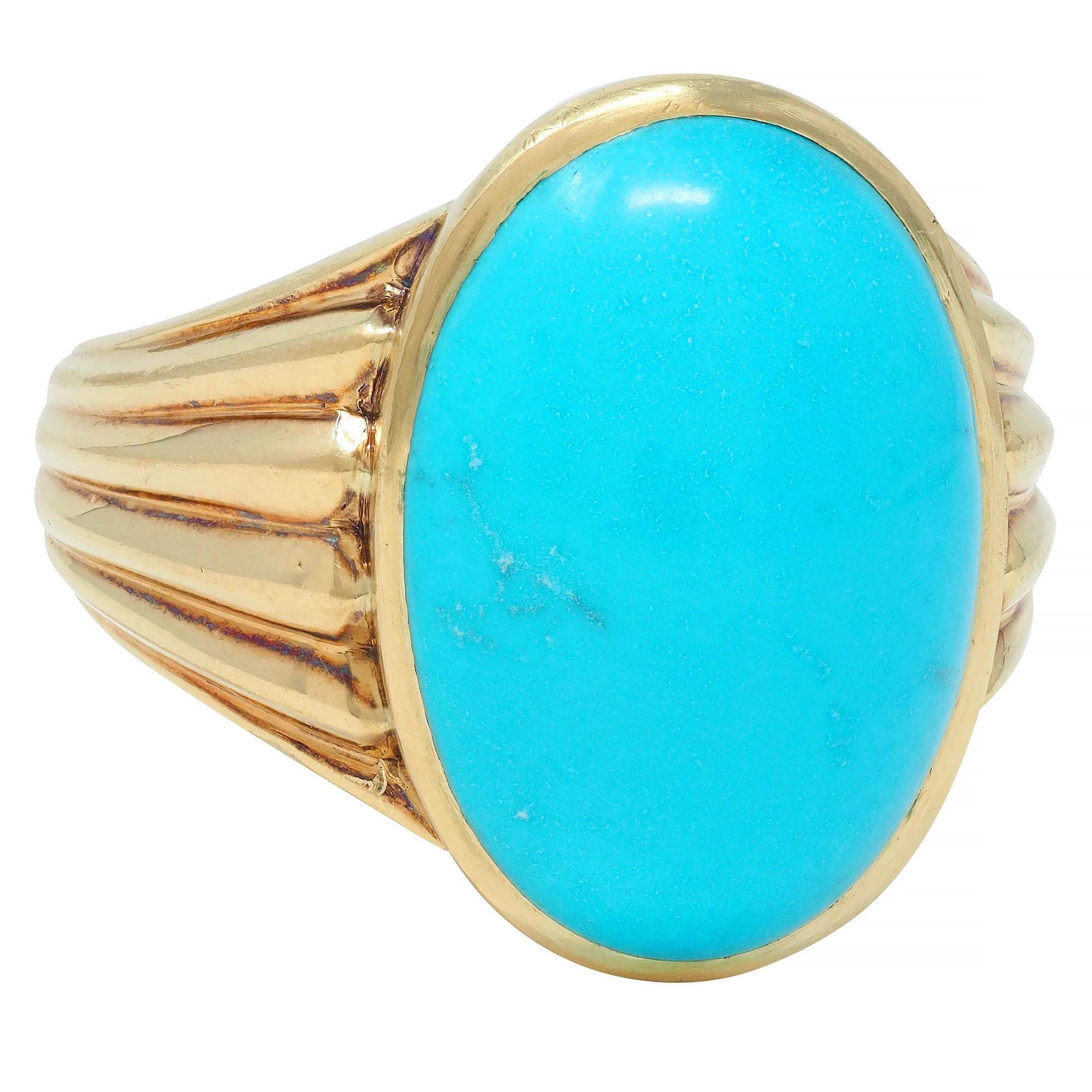 Retro Jones & Woodland Turquoise 14 Karat Yellow Gold Fanning Vintage Men's Signet Ring - Image 11