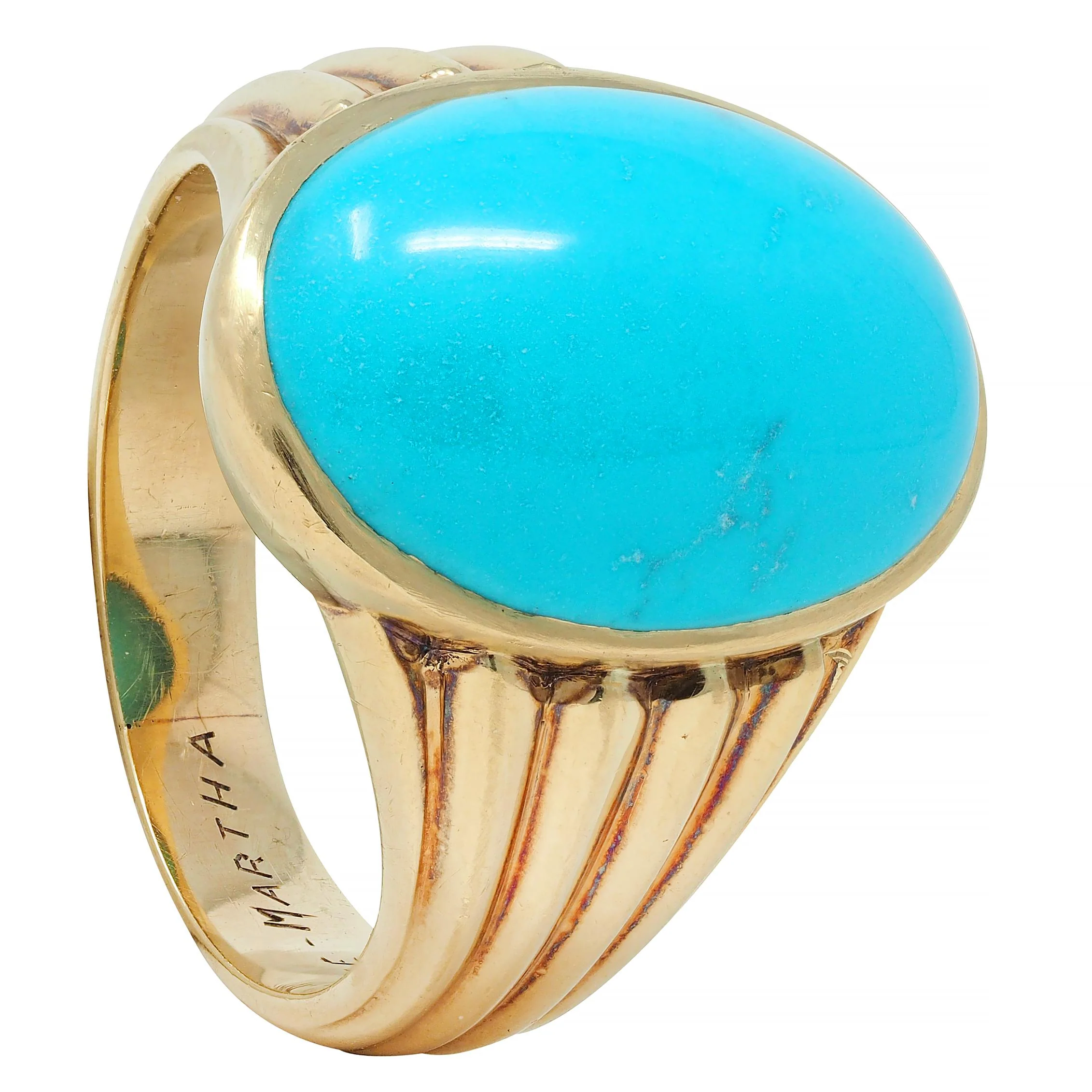 Retro Jones & Woodland Turquoise 14 Karat Yellow Gold Fanning Vintage Men's Signet Ring - Image 12