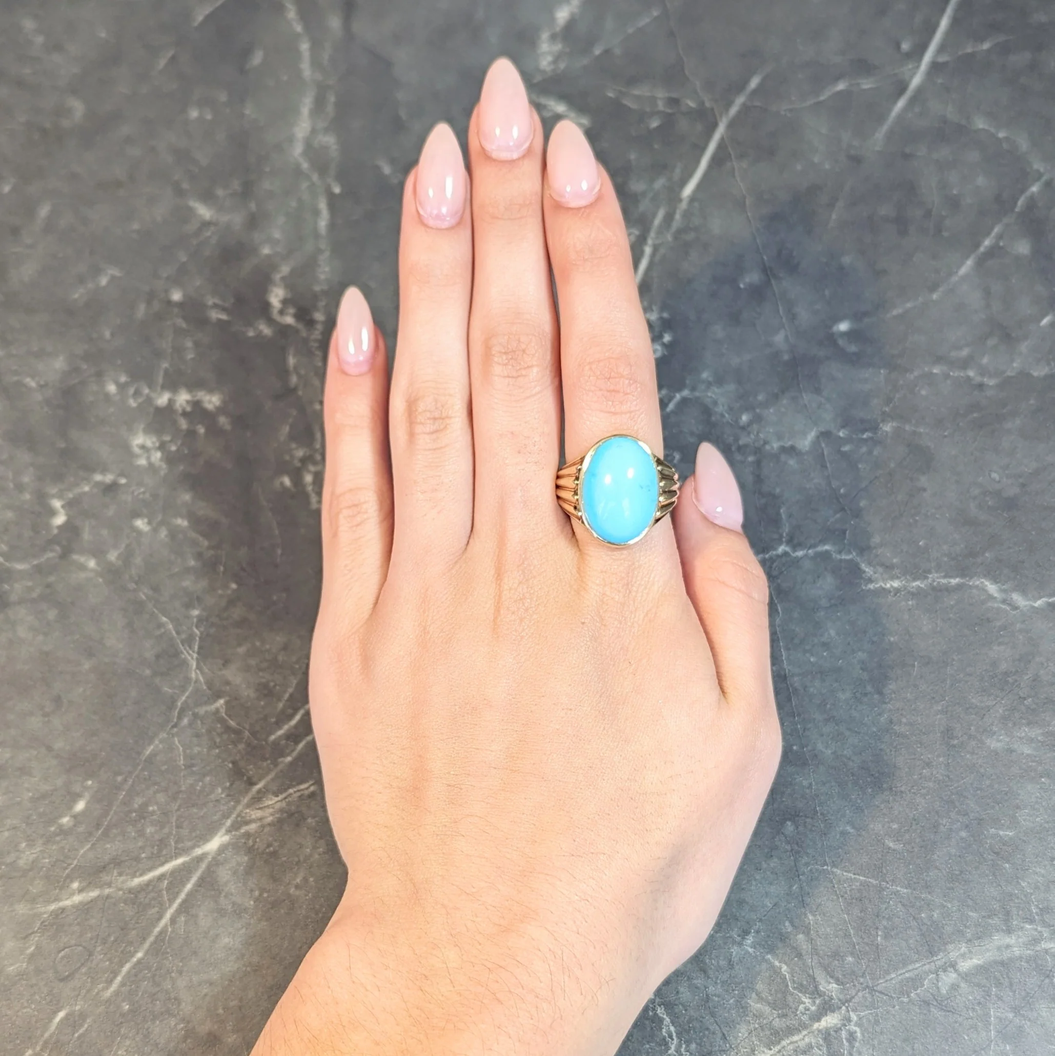 Retro Jones & Woodland Turquoise 14 Karat Yellow Gold Fanning Vintage Men's Signet Ring - Image 13