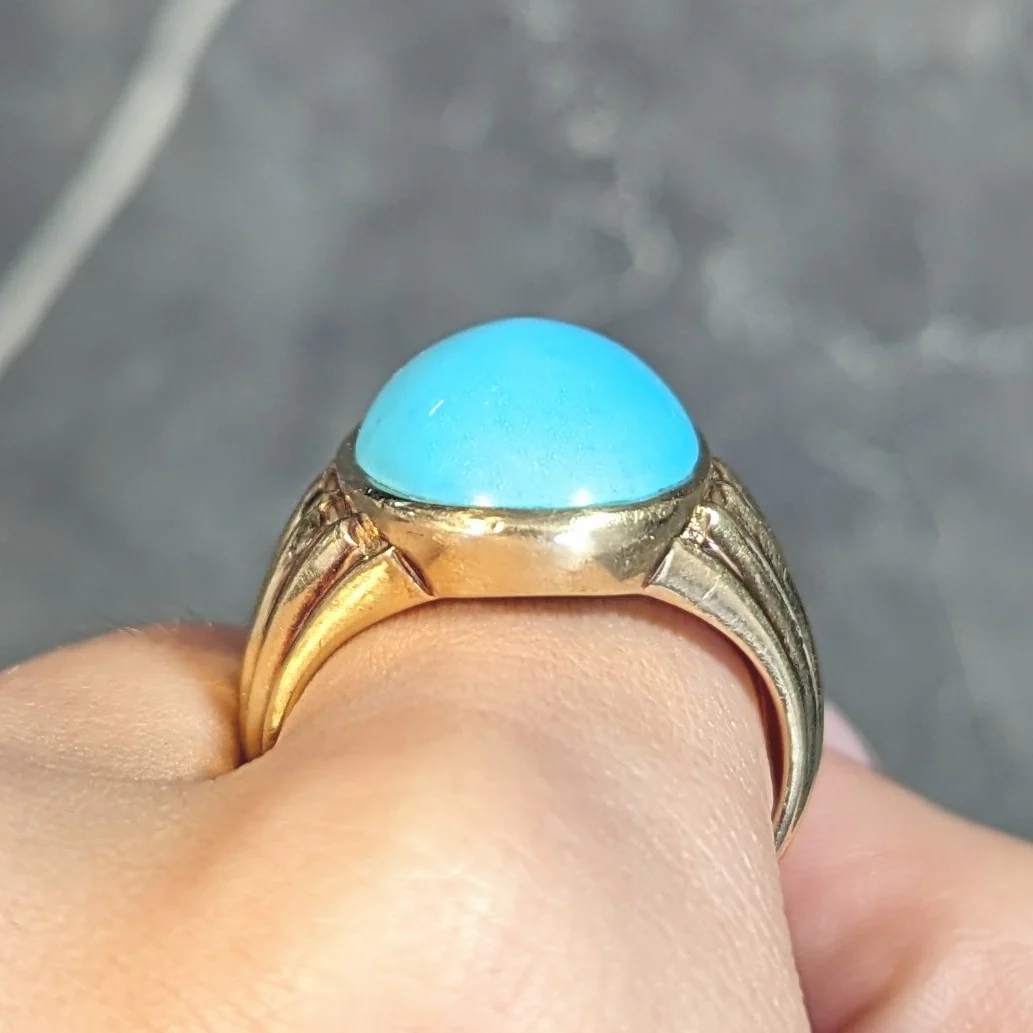 Retro Jones & Woodland Turquoise 14 Karat Yellow Gold Fanning Vintage Men's Signet Ring - Image 14