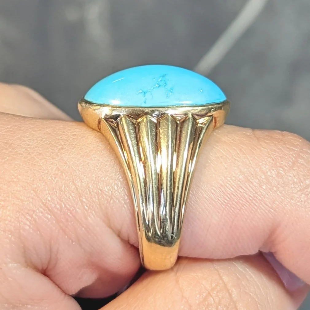 Retro Jones & Woodland Turquoise 14 Karat Yellow Gold Fanning Vintage Men's Signet Ring - Image 15