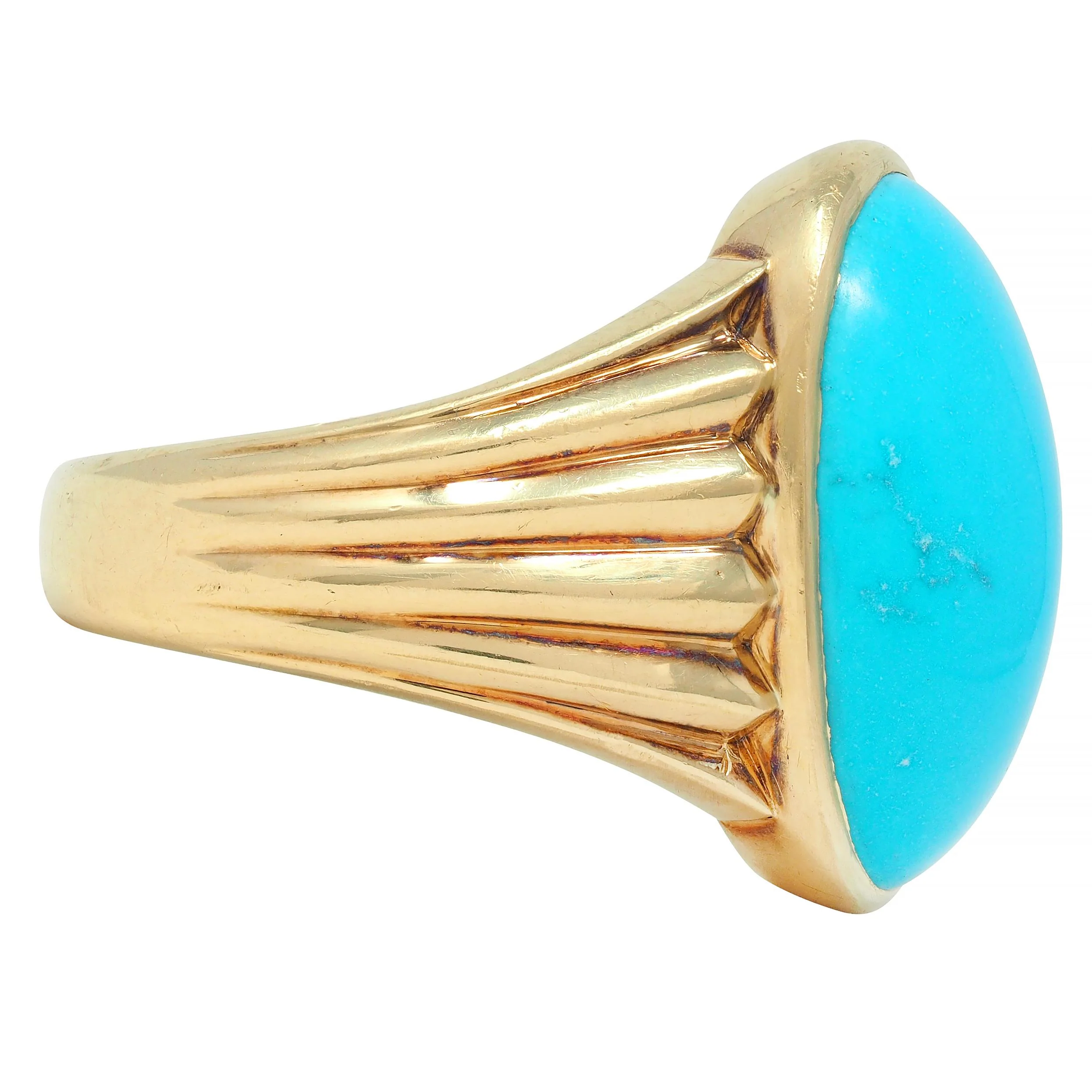 Retro Jones & Woodland Turquoise 14 Karat Yellow Gold Fanning Vintage Men's Signet Ring - Image 2