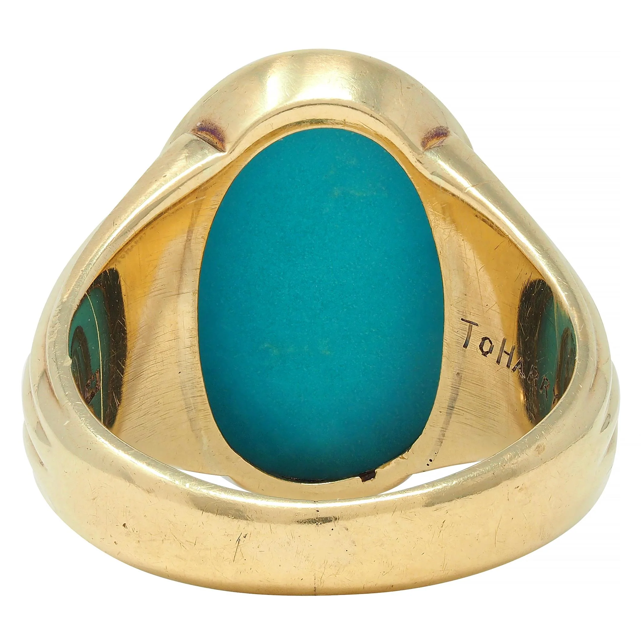 Retro Jones & Woodland Turquoise 14 Karat Yellow Gold Fanning Vintage Men's Signet Ring - Image 3