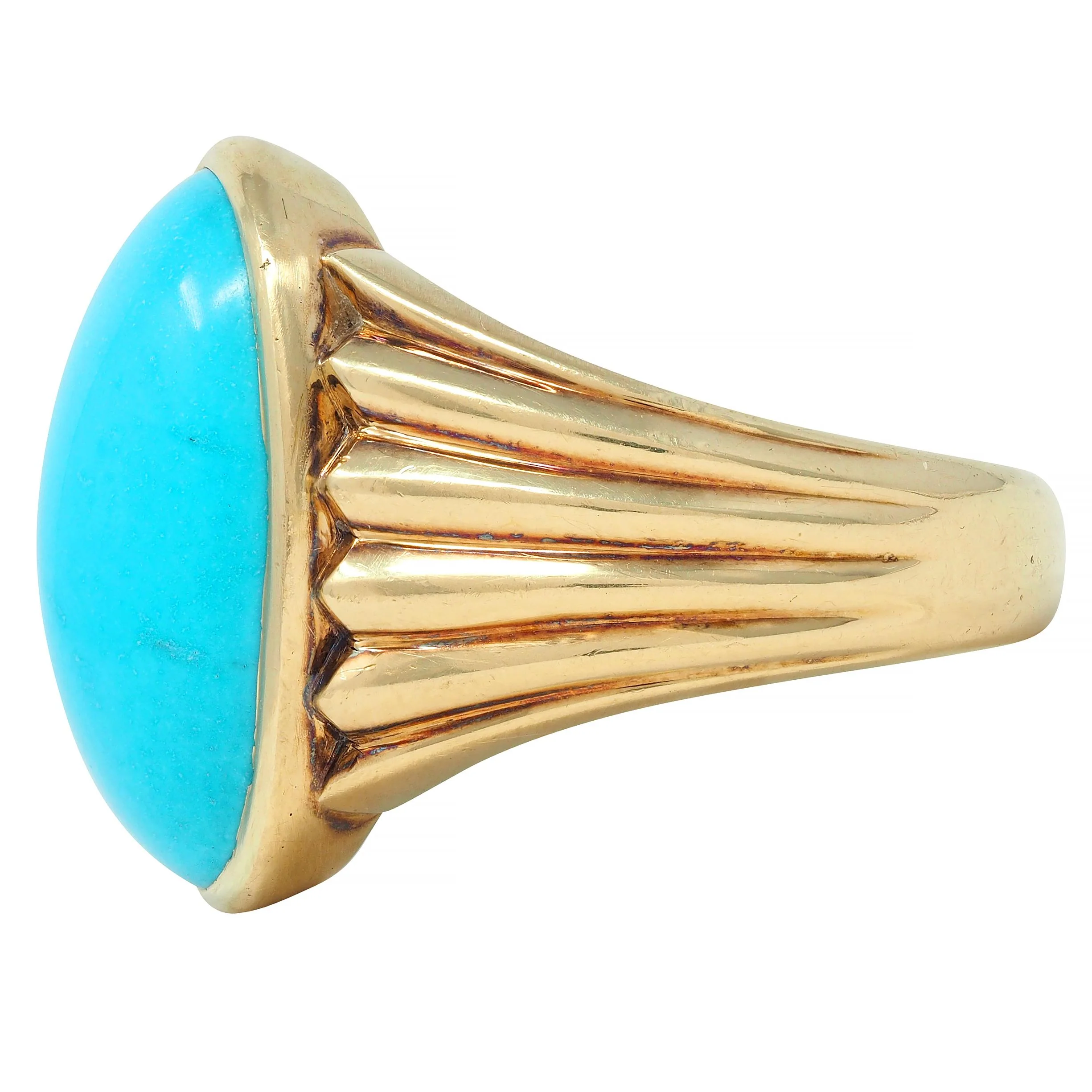 Retro Jones & Woodland Turquoise 14 Karat Yellow Gold Fanning Vintage Men's Signet Ring - Image 4