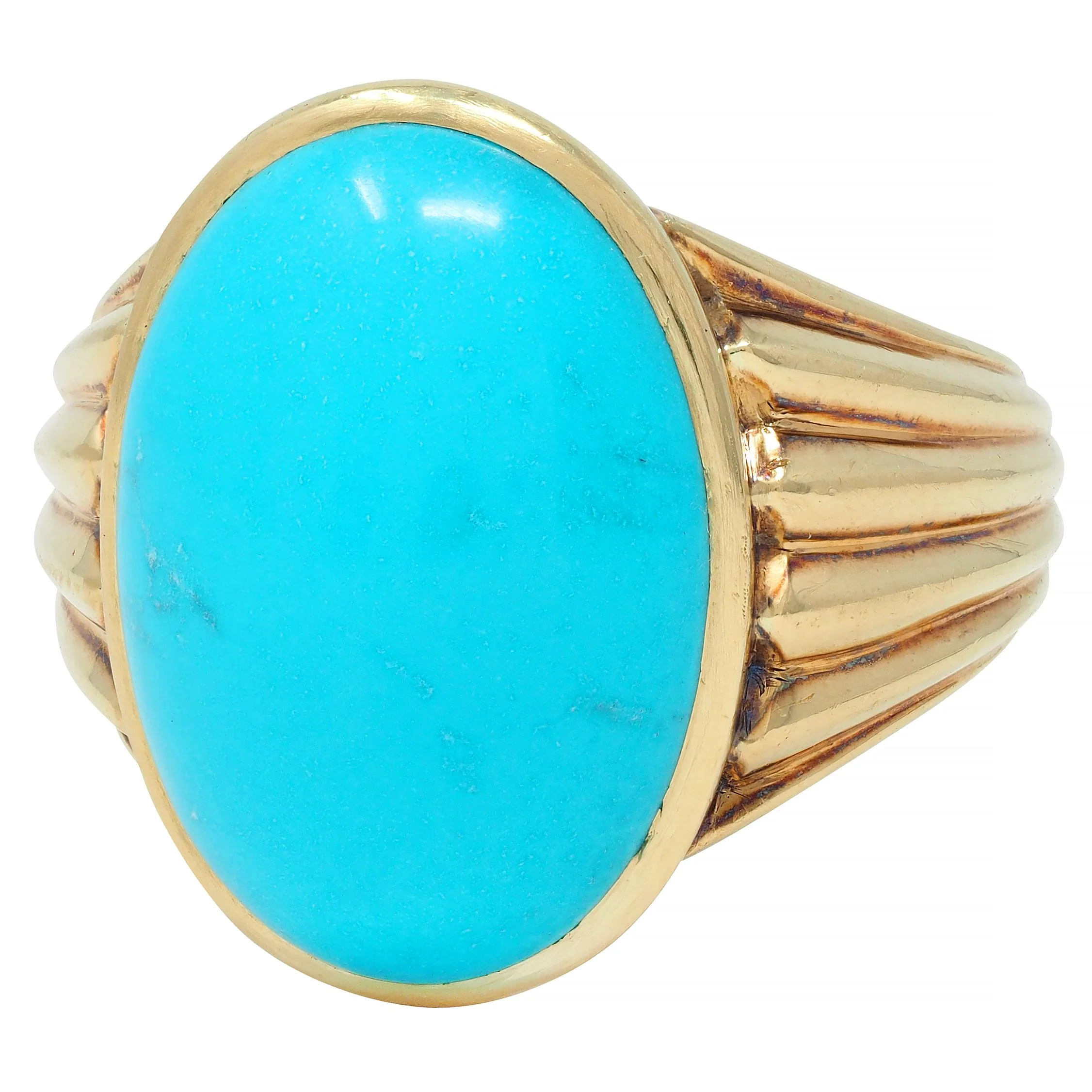 Retro Jones & Woodland Turquoise 14 Karat Yellow Gold Fanning Vintage Men's Signet Ring - Image 5