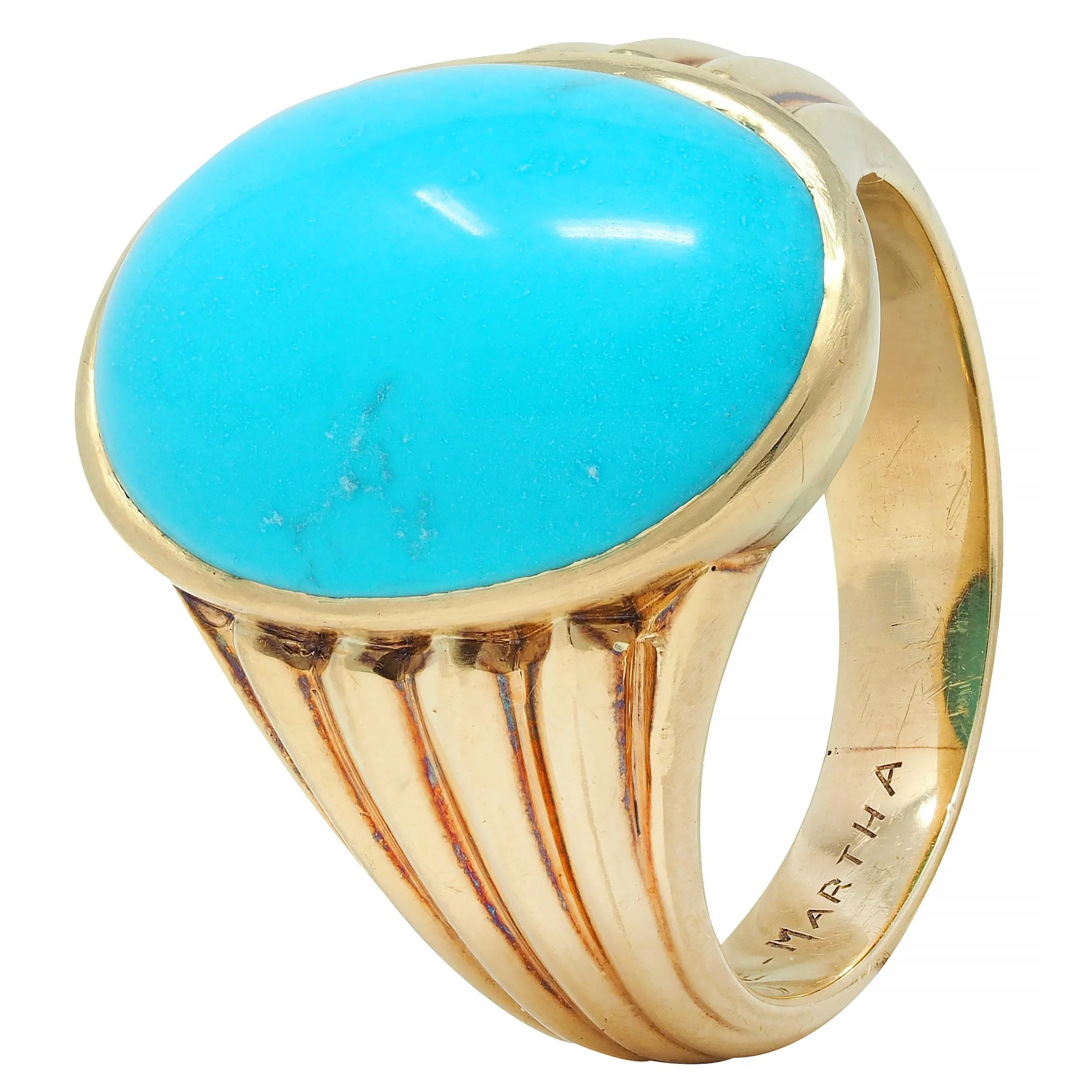 Retro Jones & Woodland Turquoise 14 Karat Yellow Gold Fanning Vintage Men's Signet Ring - Image 9