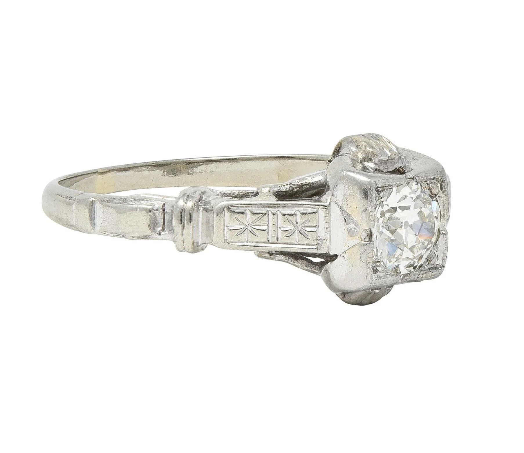 Retro Old European Diamond 18 Karat White Gold Orange Blossom Vintage Engagement Ring - Image 2