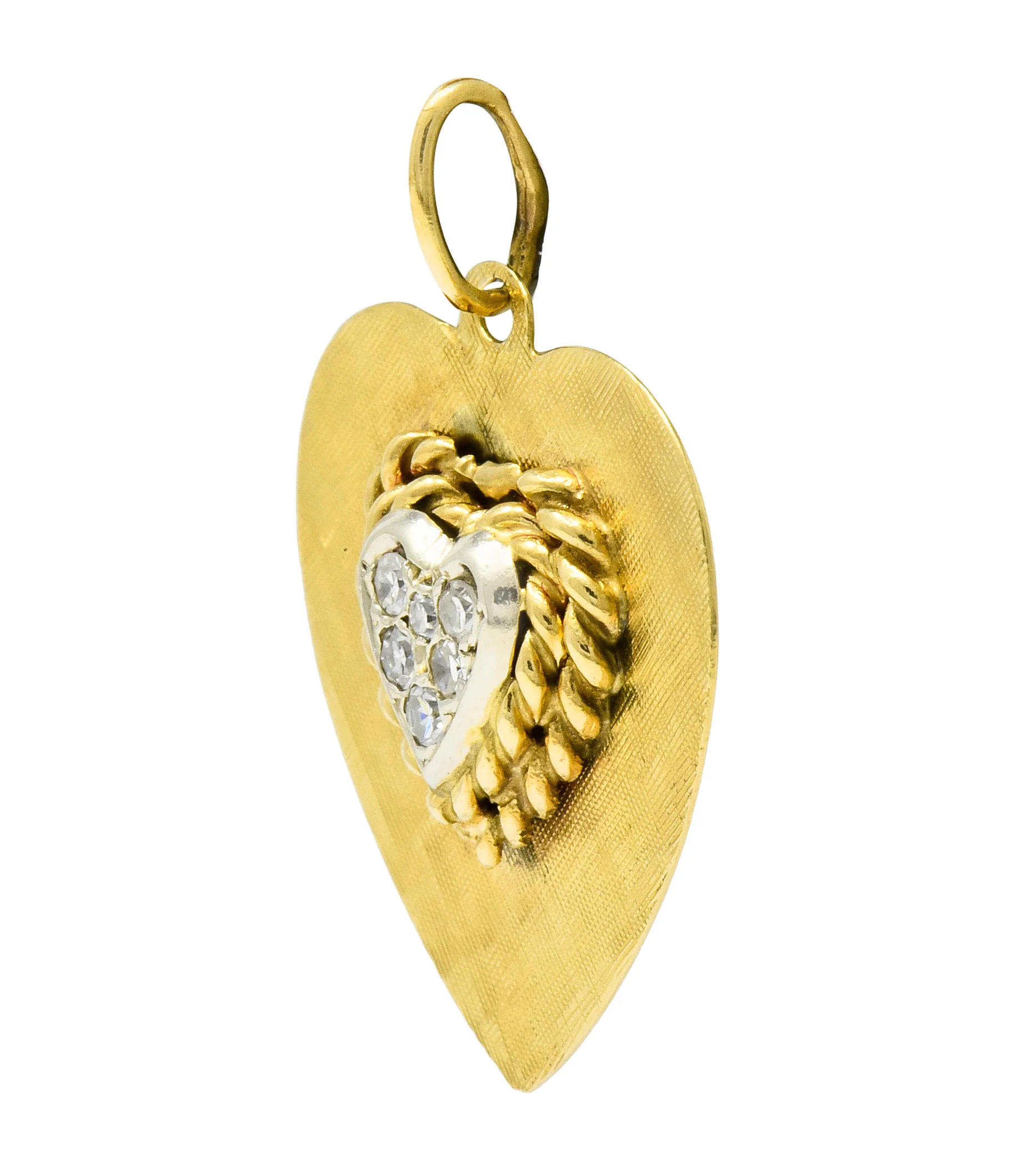 Retro Pave Diamond Platinum-Topped 14 Karat Gold Heart Charm - Image 2