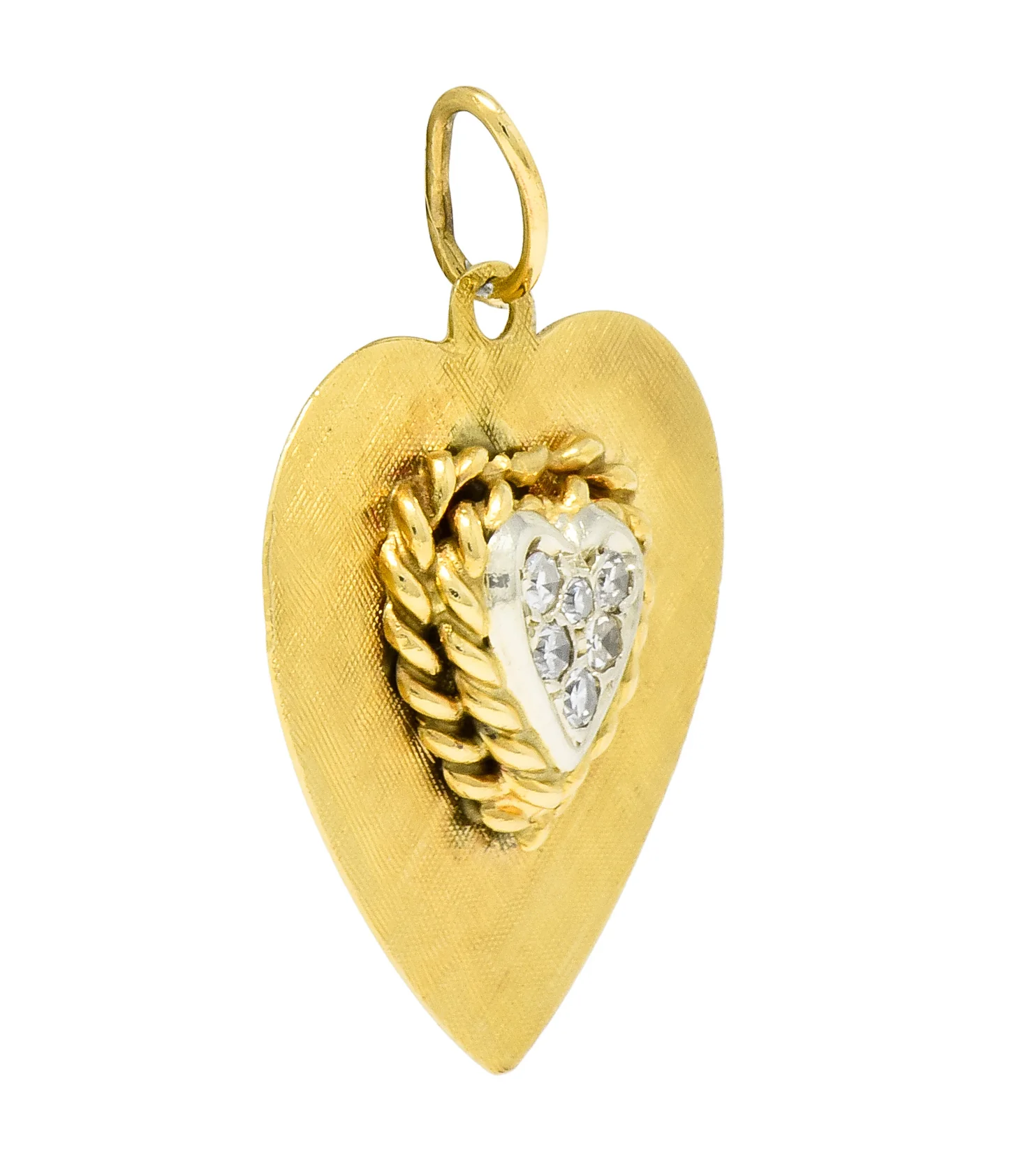 Retro Pave Diamond Platinum-Topped 14 Karat Gold Heart Charm - Image 3