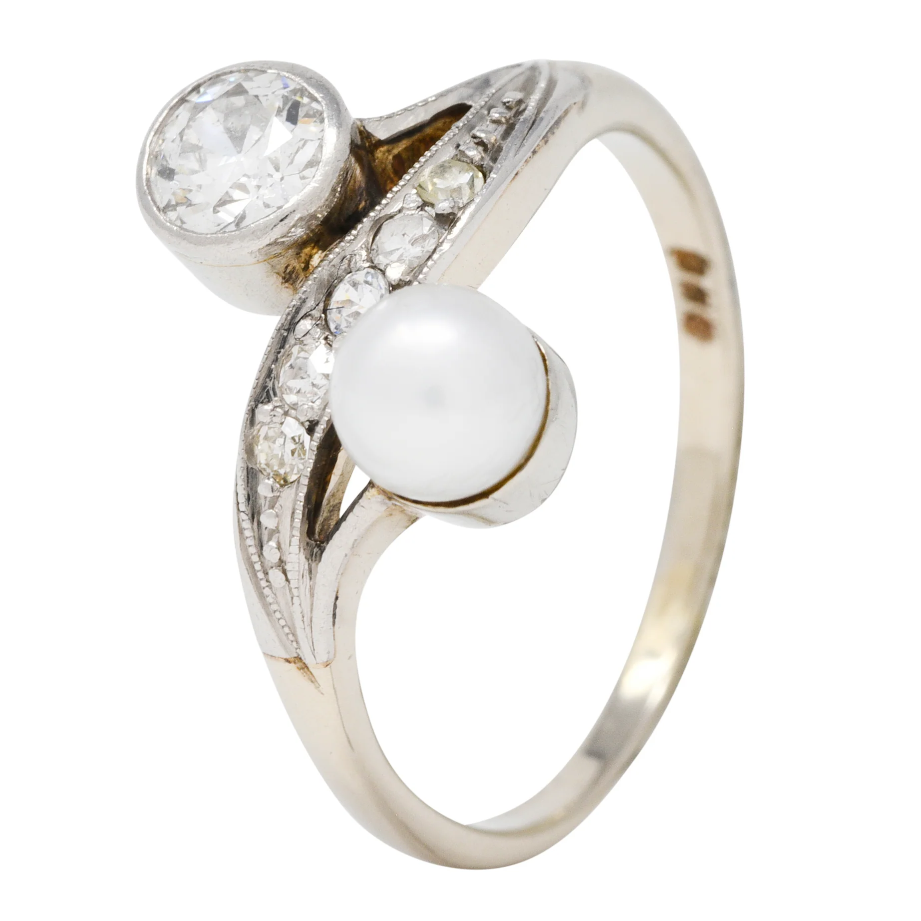 Retro Pearl Diamond 14 Karat White Gold Toi Et Moi Ring - Image 10