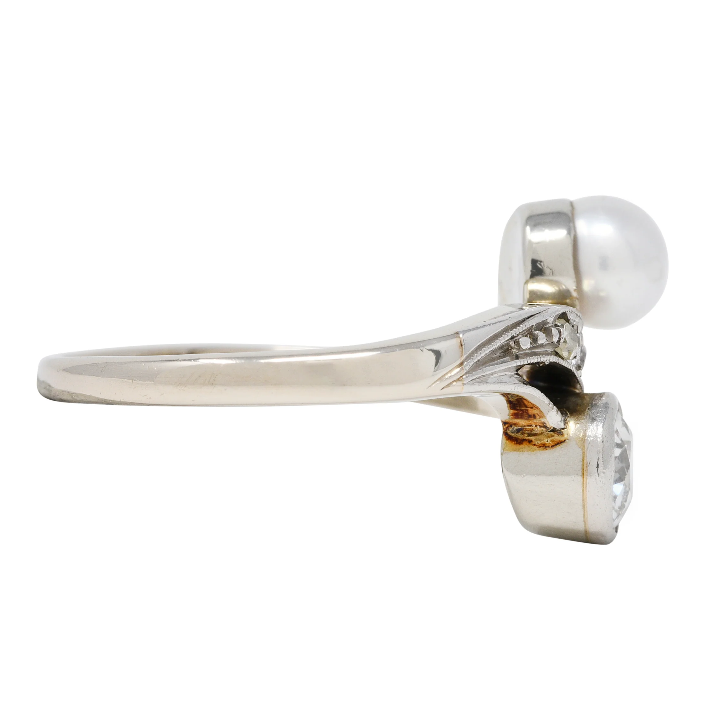 Retro Pearl Diamond 14 Karat White Gold Toi Et Moi Ring - Image 3