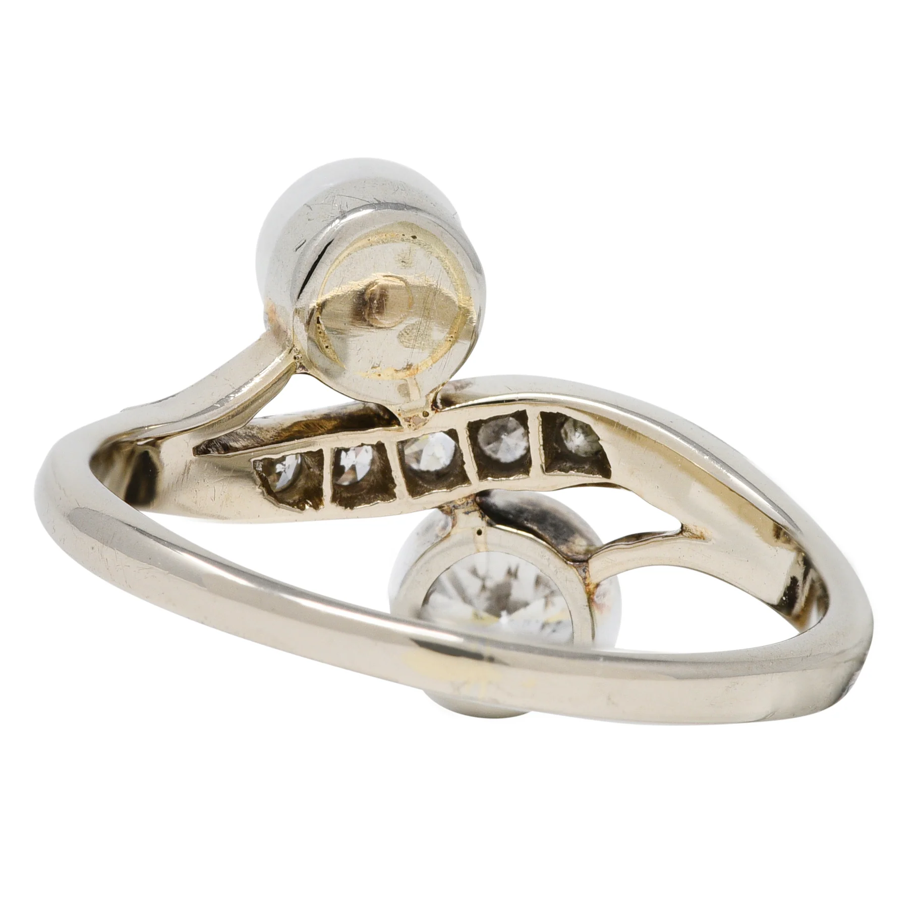 Retro Pearl Diamond 14 Karat White Gold Toi Et Moi Ring - Image 4