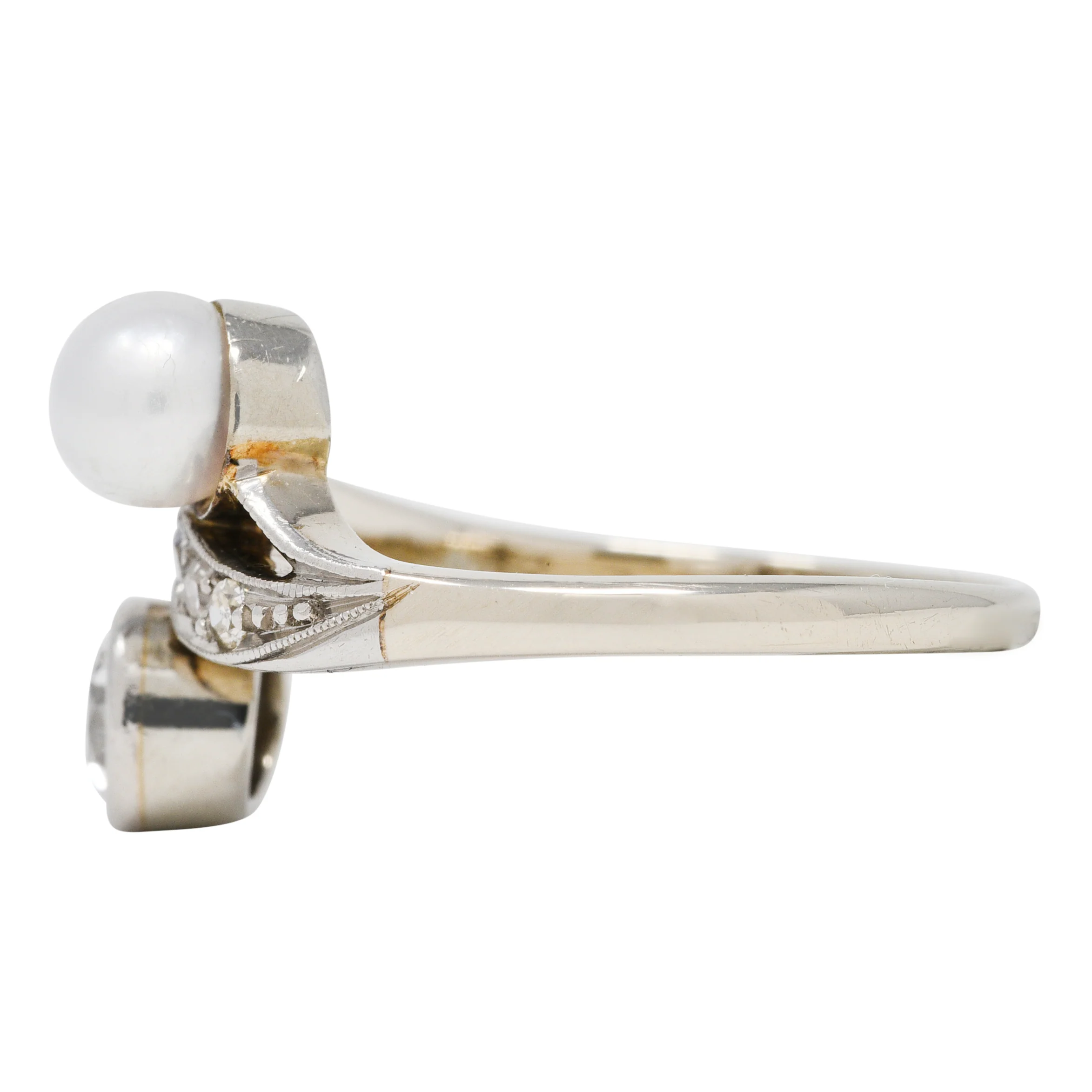 Retro Pearl Diamond 14 Karat White Gold Toi Et Moi Ring - Image 5