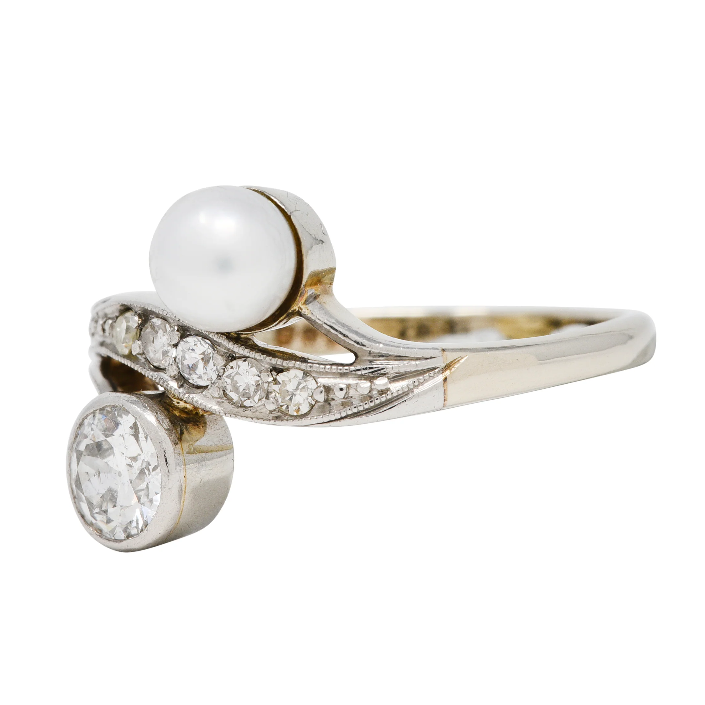 Retro Pearl Diamond 14 Karat White Gold Toi Et Moi Ring - Image 6