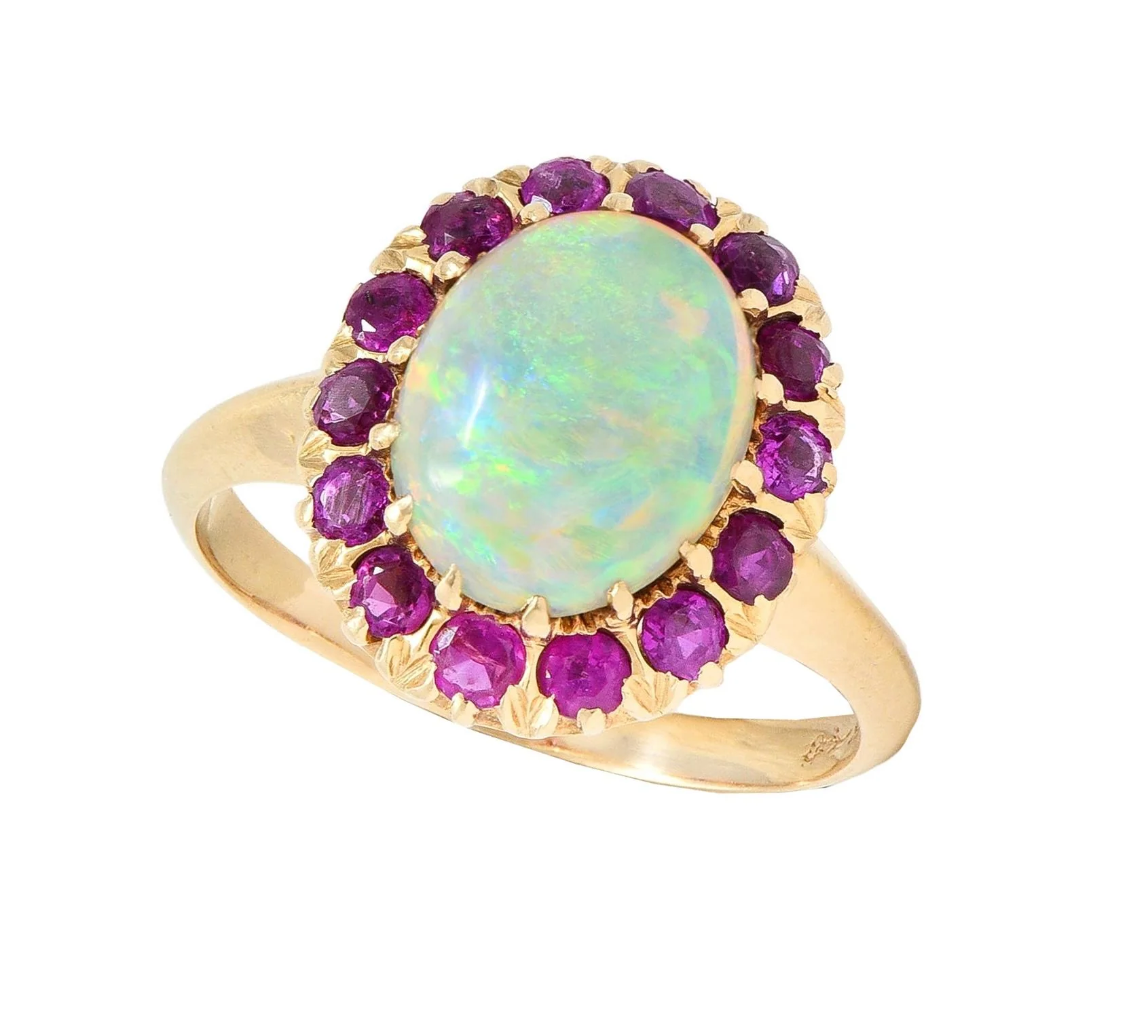 Retro Pink Sapphire Opal 14 Karat Yellow Gold Vintage Halo Ring - Image 10