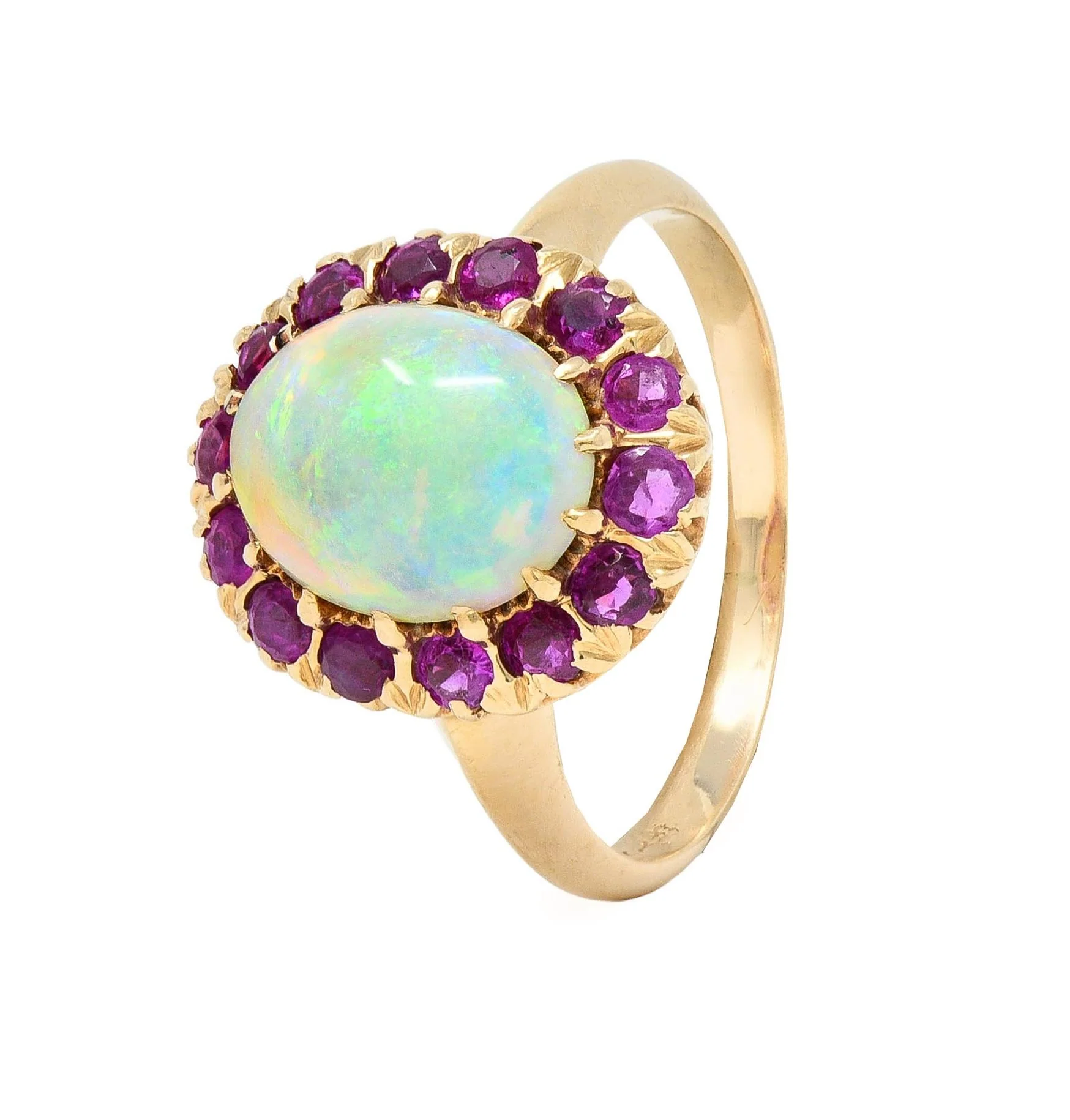 Retro Pink Sapphire Opal 14 Karat Yellow Gold Vintage Halo Ring - Image 14