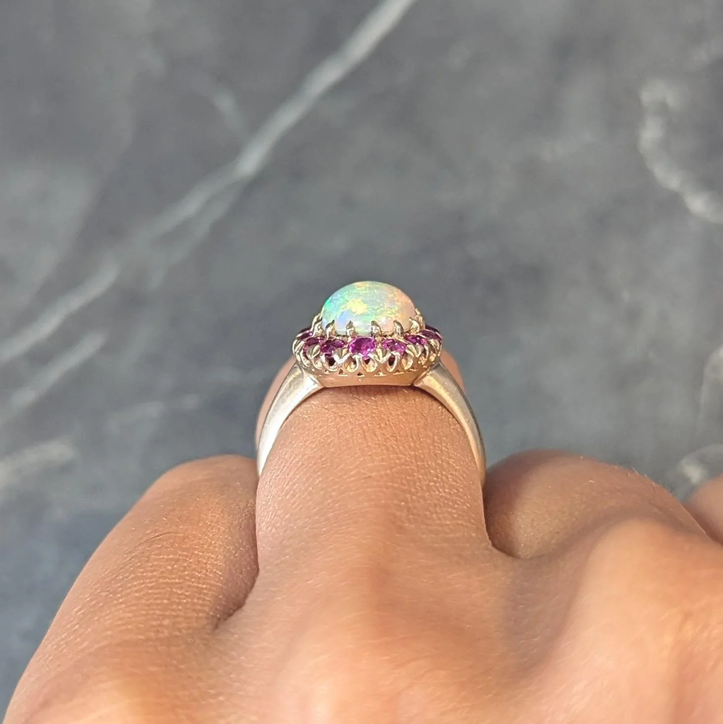 Retro Pink Sapphire Opal 14 Karat Yellow Gold Vintage Halo Ring - Image 16