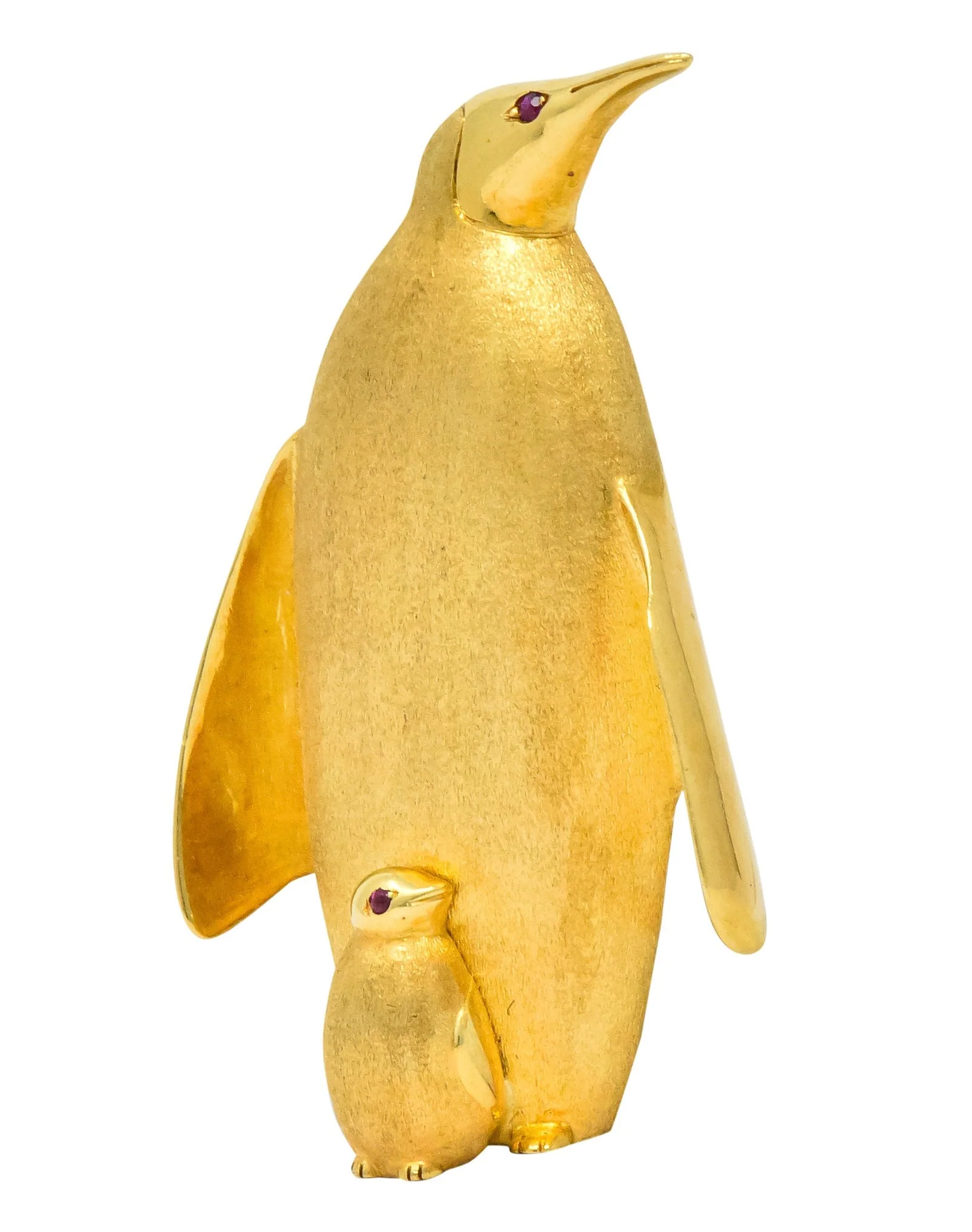 Retro Ruby 18 Karat Yellow Gold Emperor Penguin & Baby Chick Brooch - Image 2