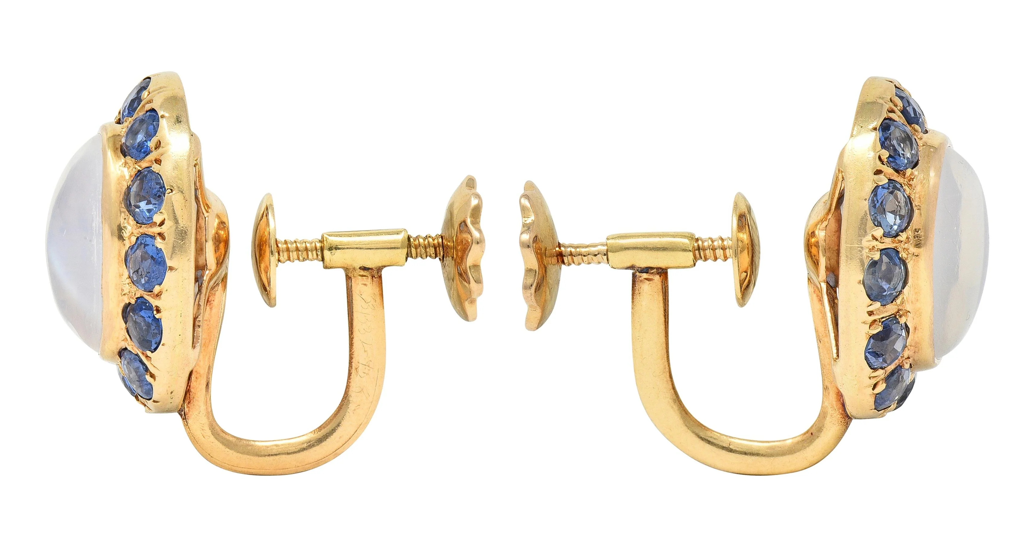 Retro Sapphire Moonstone 14 Karat Gold Vintage Screw-Back Earrings - Image 2
