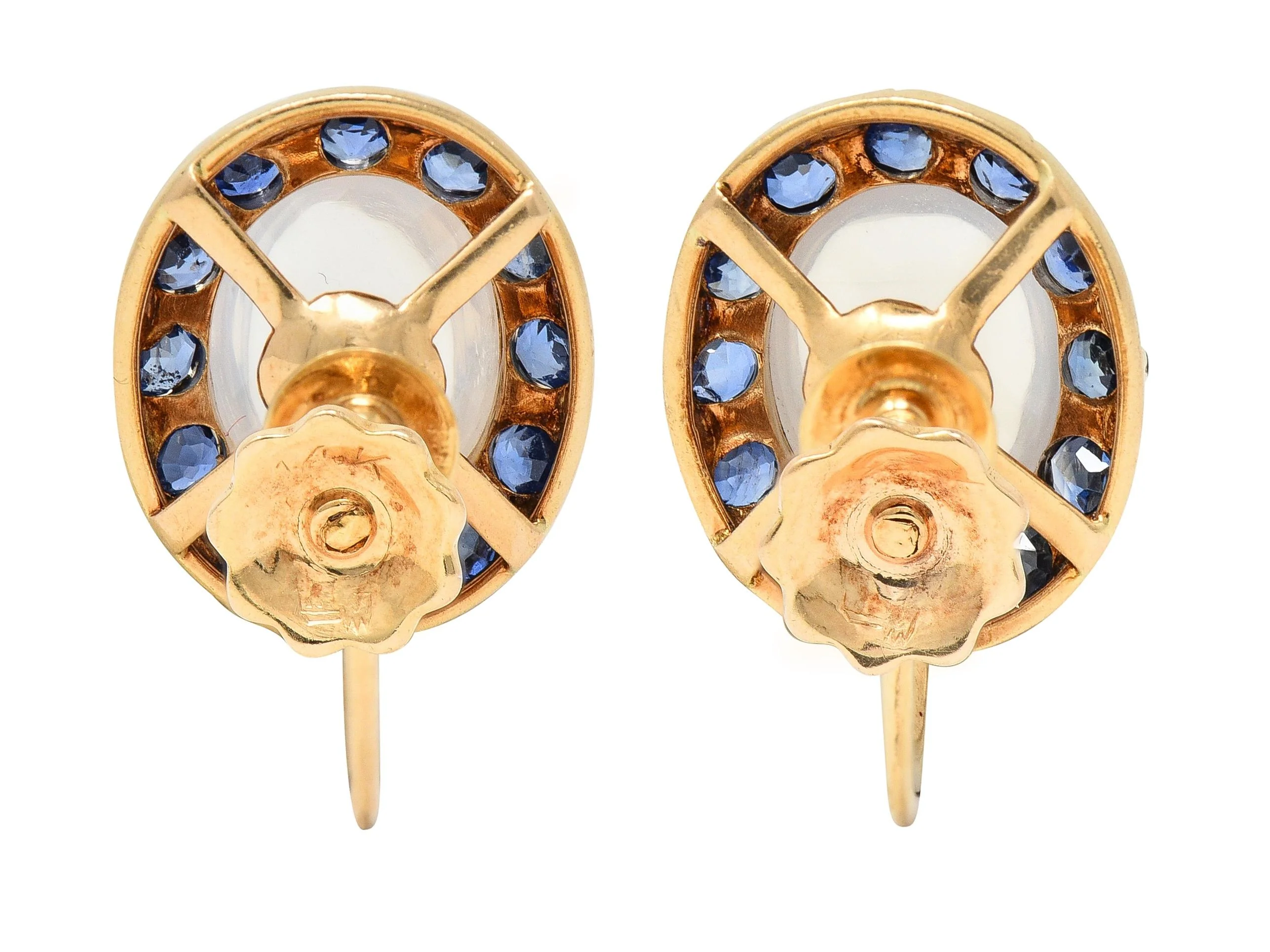 Retro Sapphire Moonstone 14 Karat Gold Vintage Screw-Back Earrings - Image 4