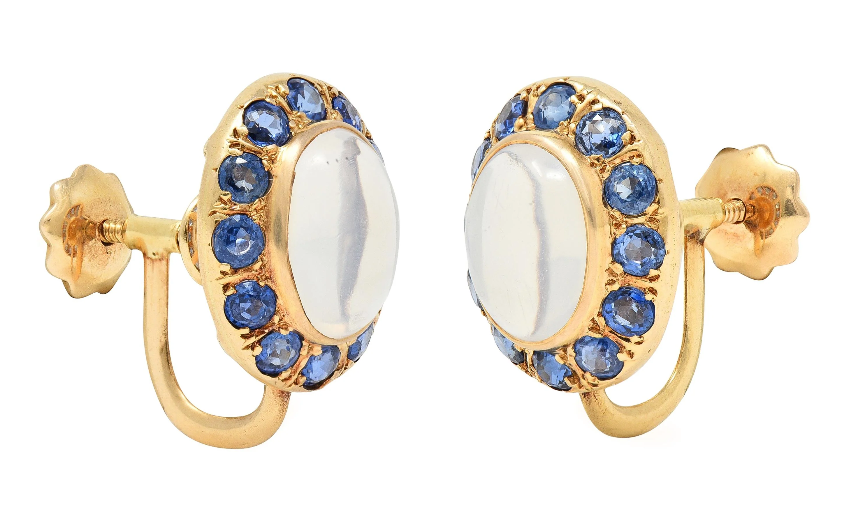 Retro Sapphire Moonstone 14 Karat Gold Vintage Screw-Back Earrings - Image 7