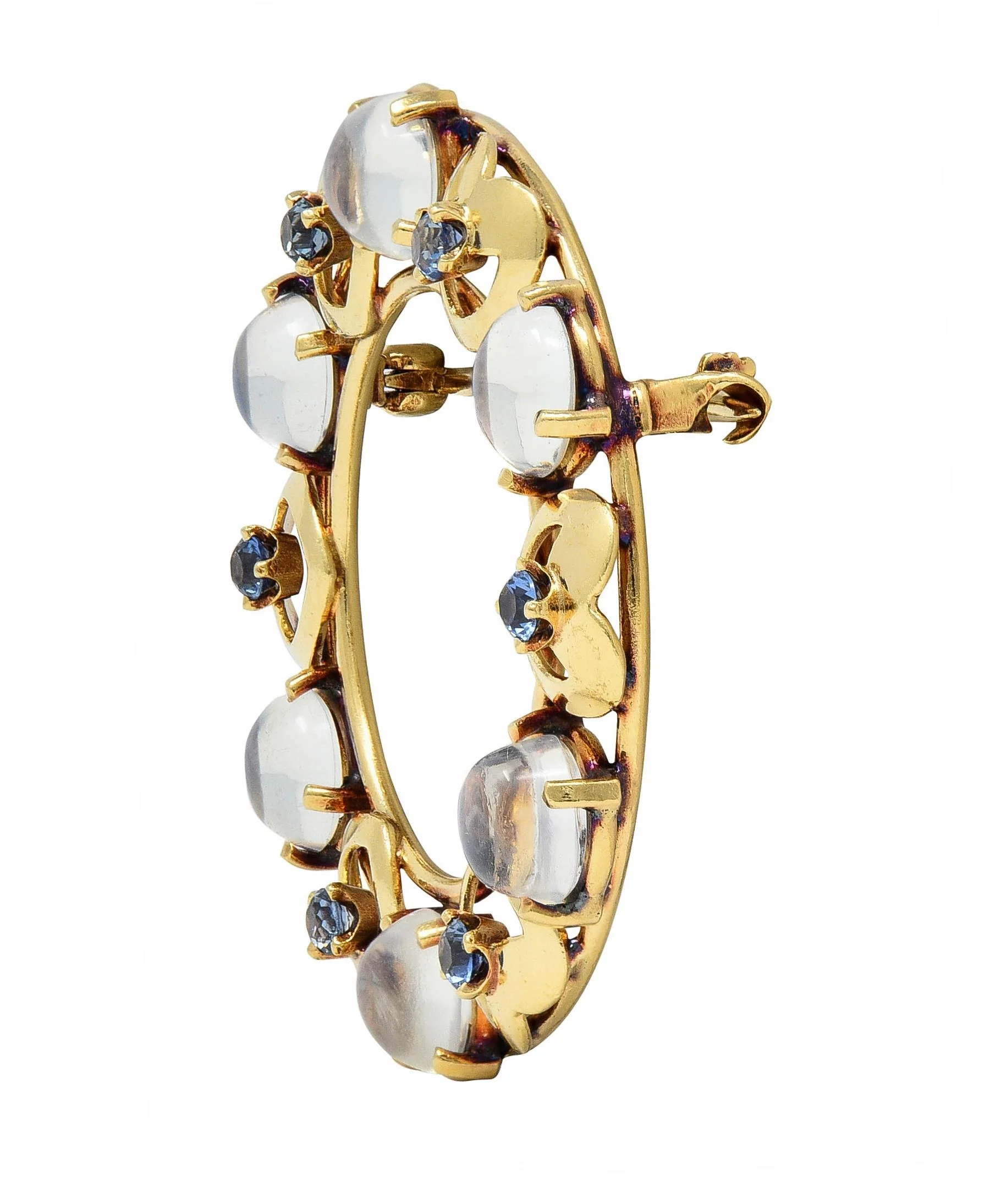 Retro Sapphire Moonstone 14 Karat Yellow Gold Vintage Heart Circle Brooch - Image 3