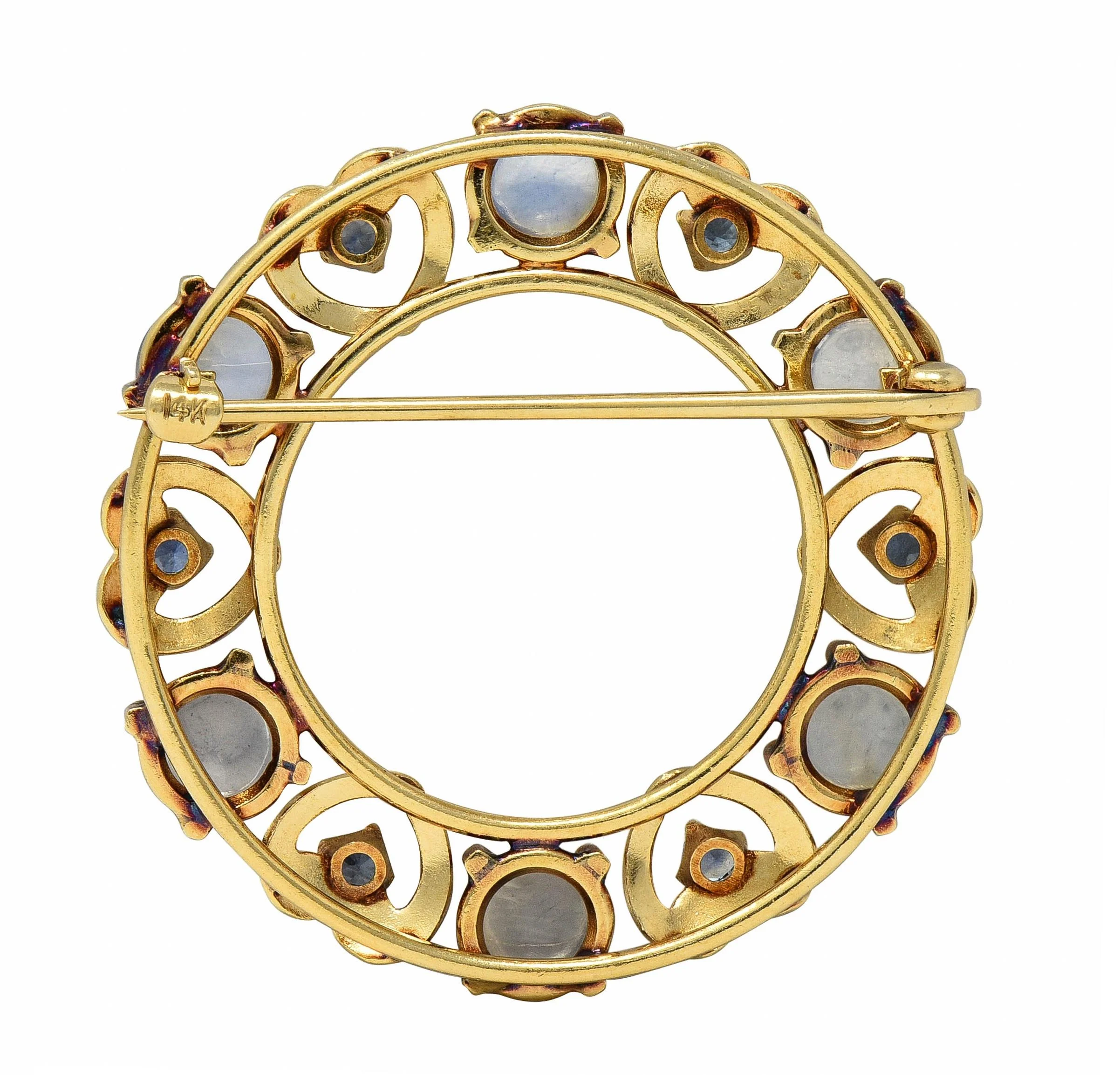 Retro Sapphire Moonstone 14 Karat Yellow Gold Vintage Heart Circle Brooch - Image 4