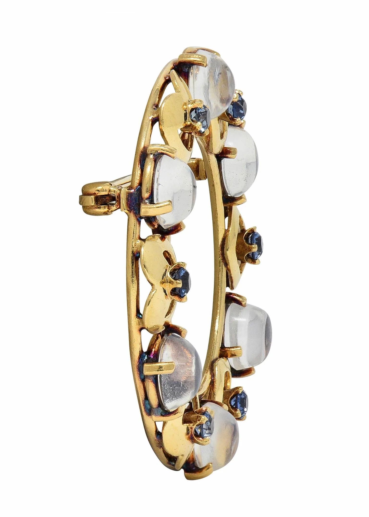 Retro Sapphire Moonstone 14 Karat Yellow Gold Vintage Heart Circle Brooch - Image 5
