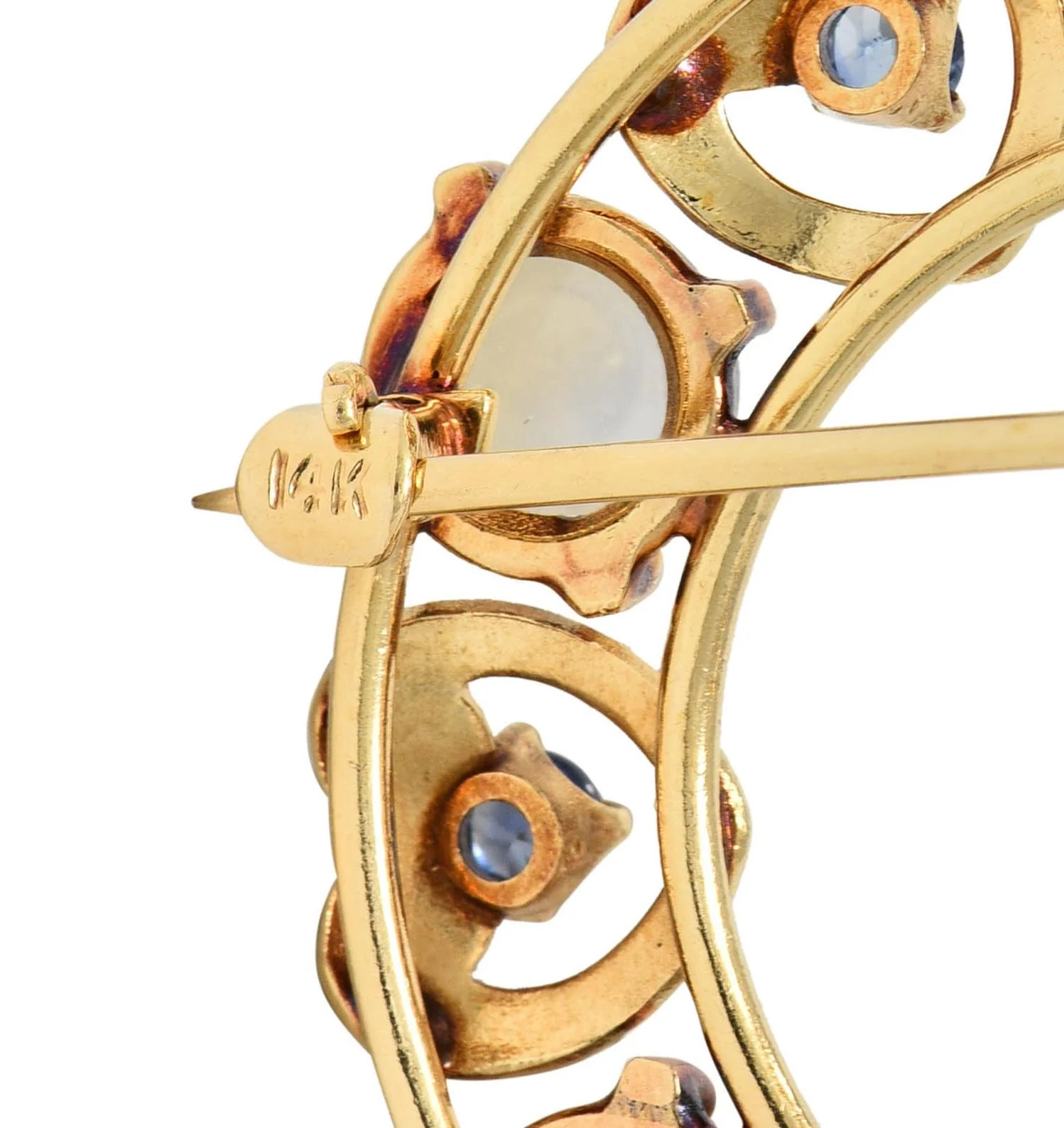 Retro Sapphire Moonstone 14 Karat Yellow Gold Vintage Heart Circle Brooch - Image 6