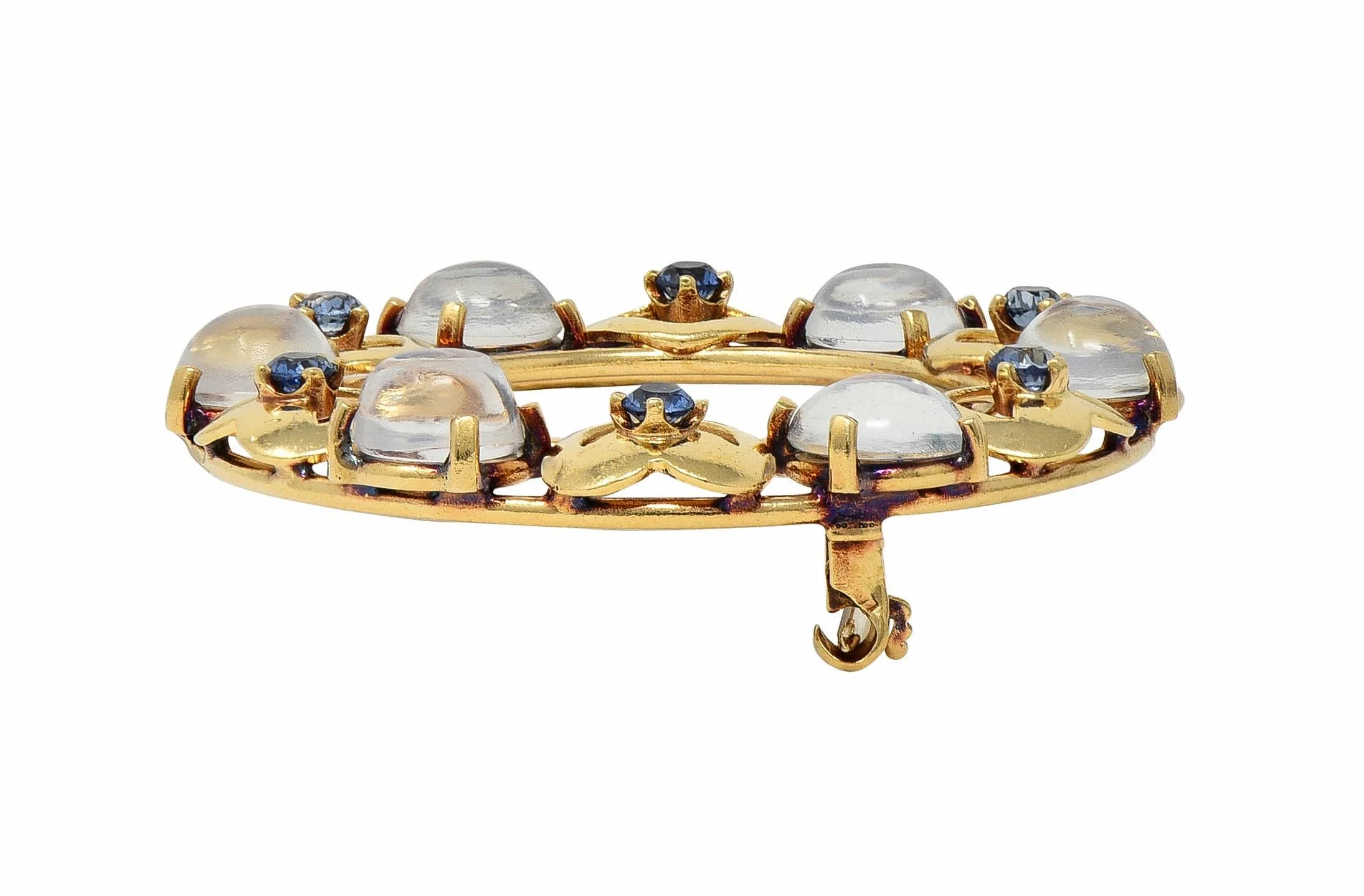 Retro Sapphire Moonstone 14 Karat Yellow Gold Vintage Heart Circle Brooch - Image 7