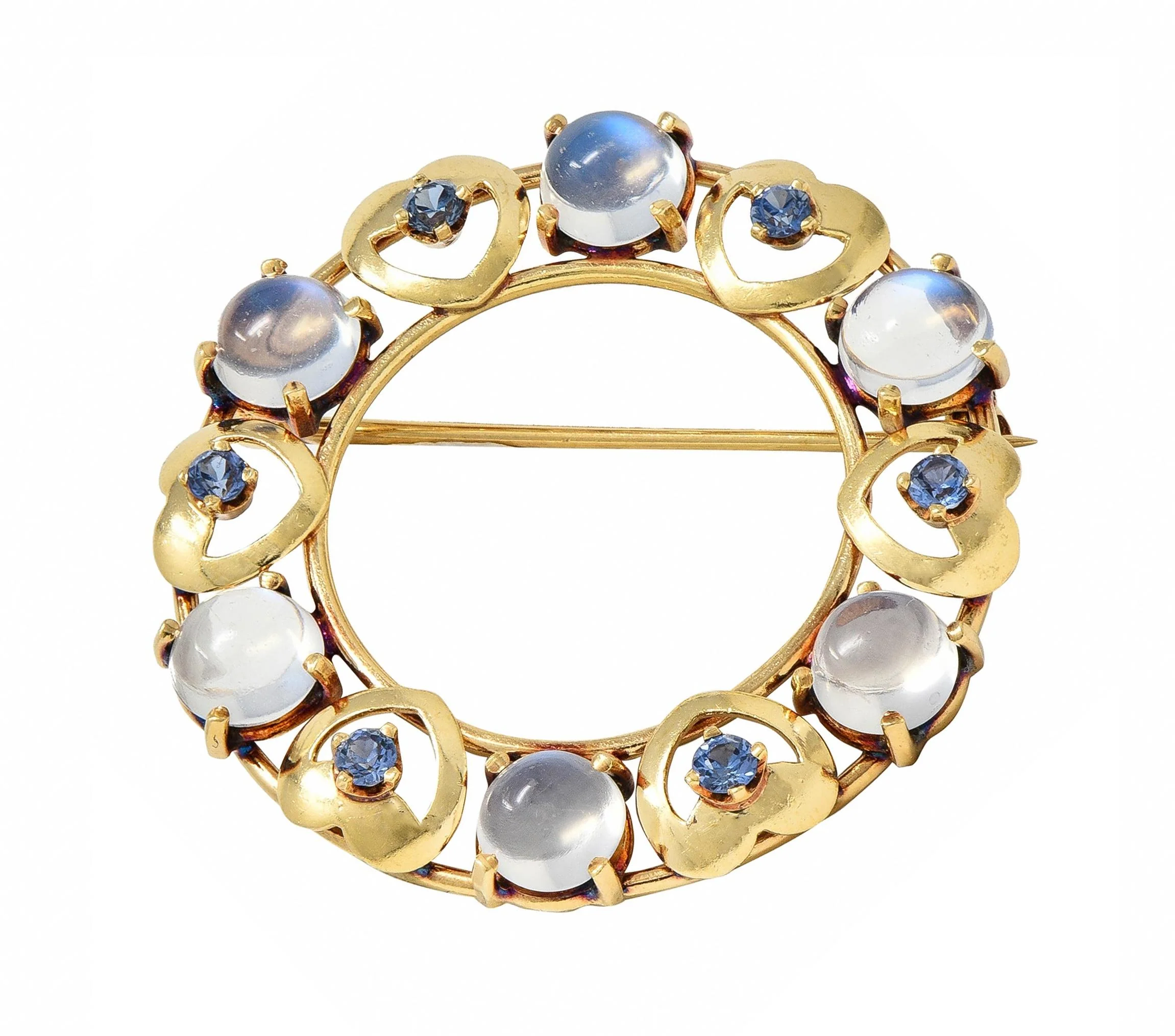 Retro Sapphire Moonstone 14 Karat Yellow Gold Vintage Heart Circle Brooch - Image 8