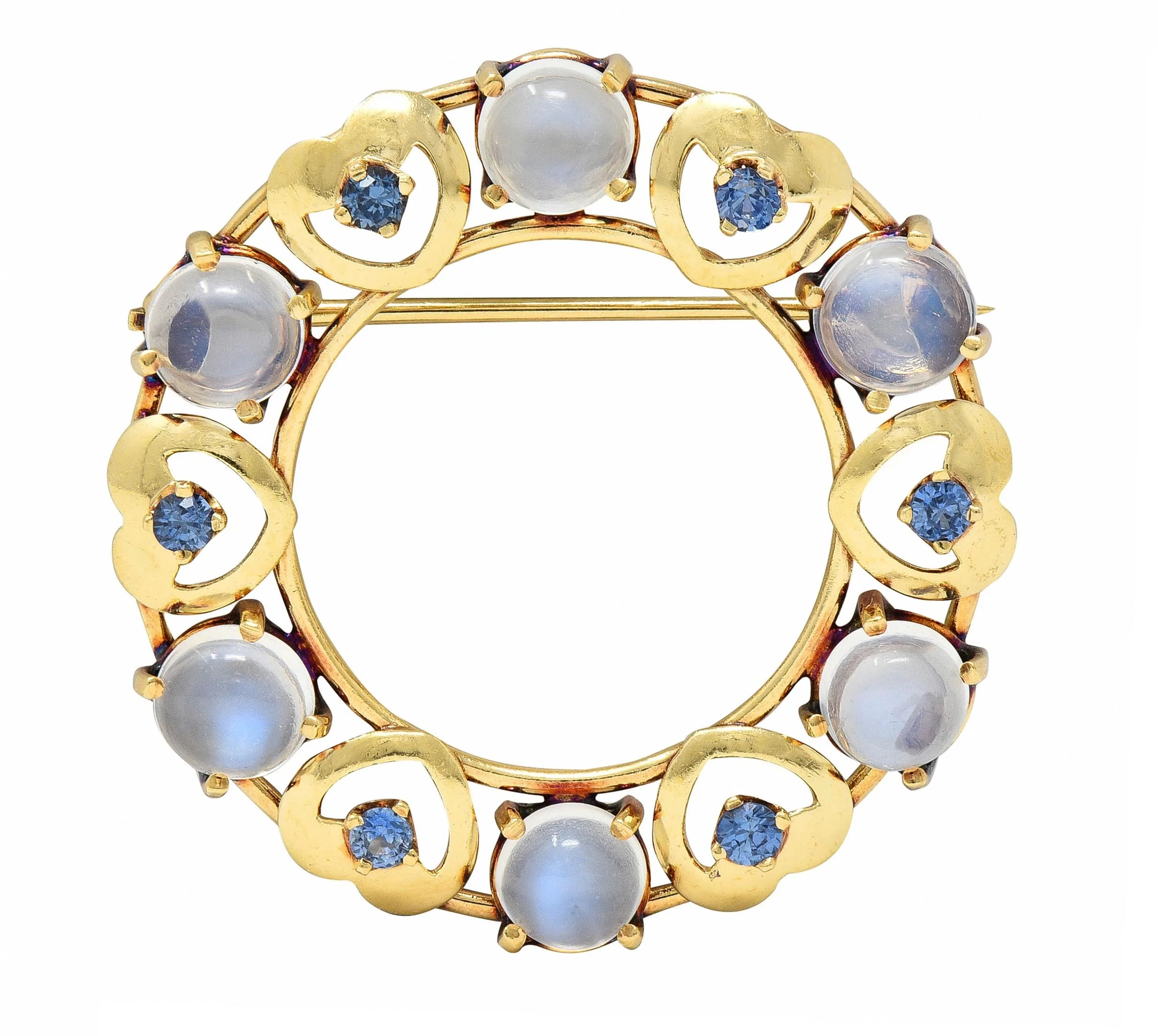 Retro Sapphire Moonstone 14 Karat Yellow Gold Vintage Heart Circle Brooch - Image 9