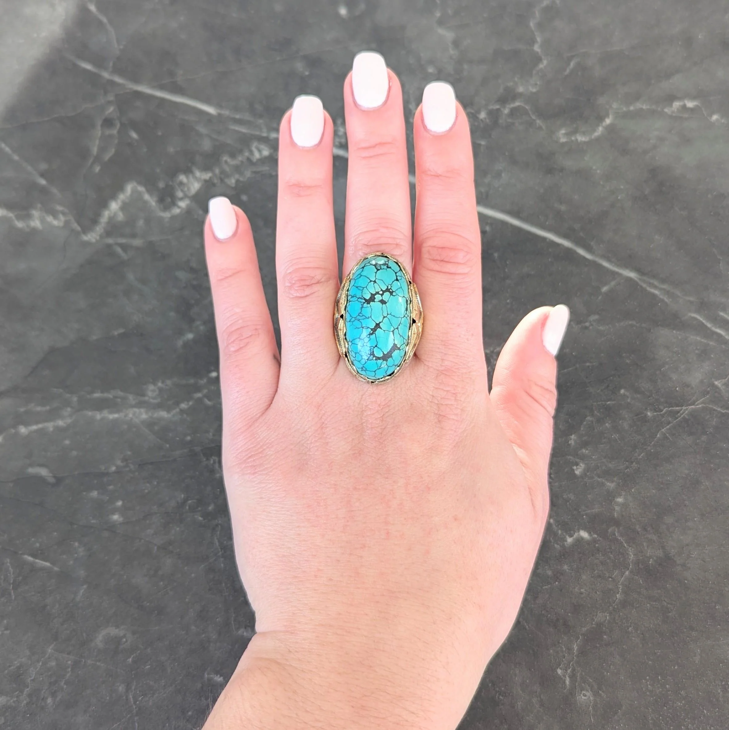 Retro Turquoise Cabochon 14 Karat Yellow Gold Vintage Statement Ring - Image 10