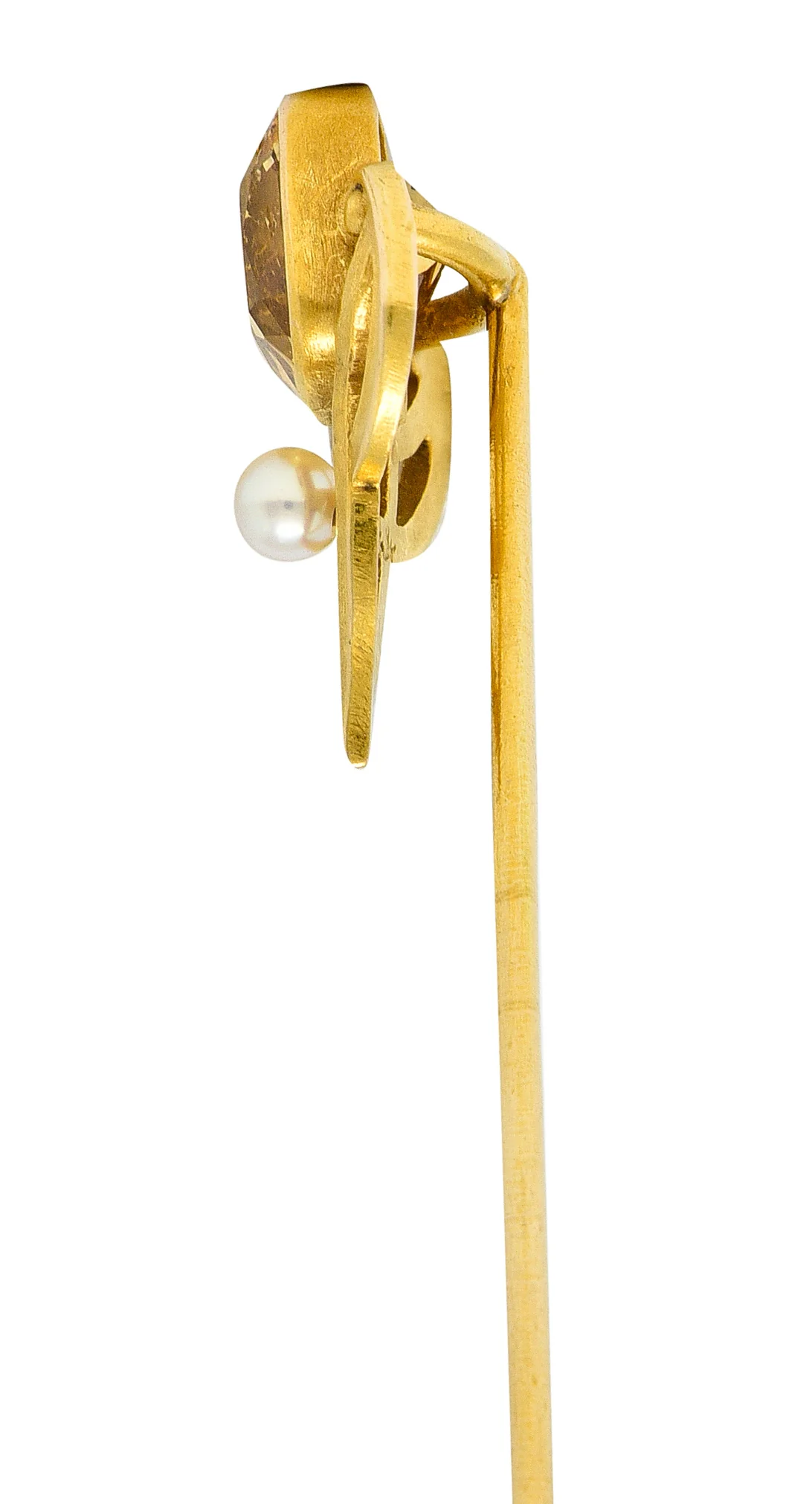 Riker Bros. Art Nouveau 1.73 CTW Cushion Cut Heliodor Pearl 14 Karat Yellow Gold Whiplash Shield Antique Stickpin - Image 5