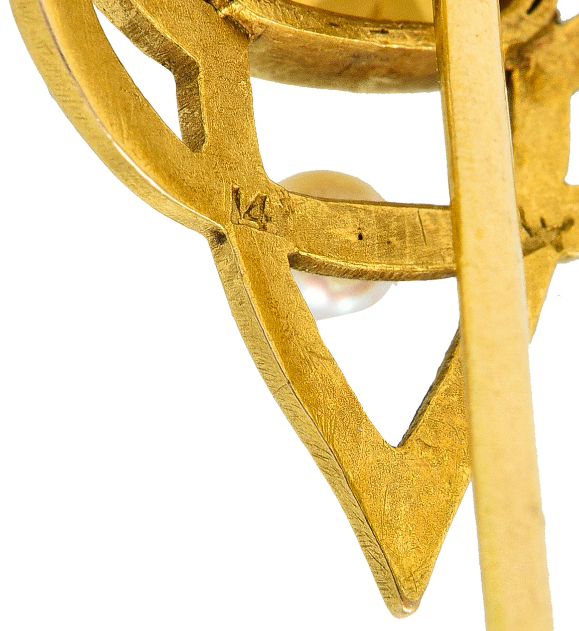 Riker Bros. Art Nouveau 1.73 CTW Cushion Cut Heliodor Pearl 14 Karat Yellow Gold Whiplash Shield Antique Stickpin - Image 6