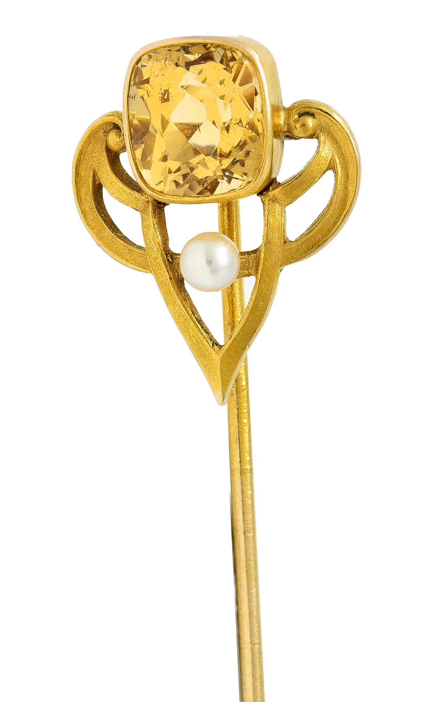 Riker Bros. Art Nouveau 1.73 CTW Cushion Cut Heliodor Pearl 14 Karat Yellow Gold Whiplash Shield Antique Stickpin - Image 8