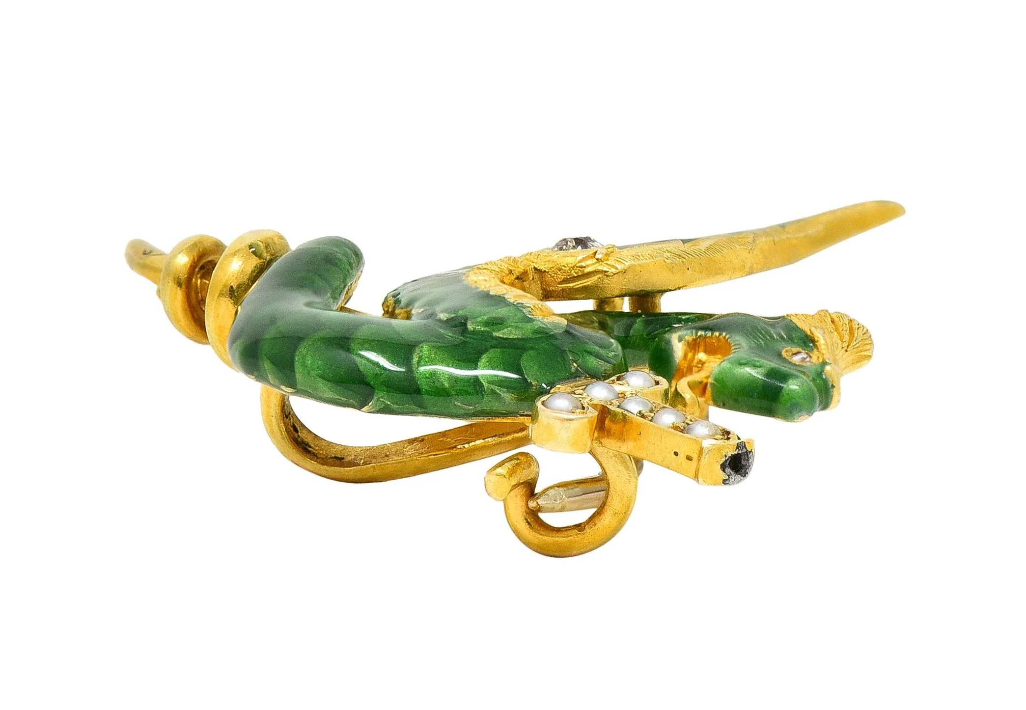 Riker Bros Art Nouveau Diamond Pearl Green Enamel 14K Yellow Gold Dragon Sword Antique Brooch - Image 10