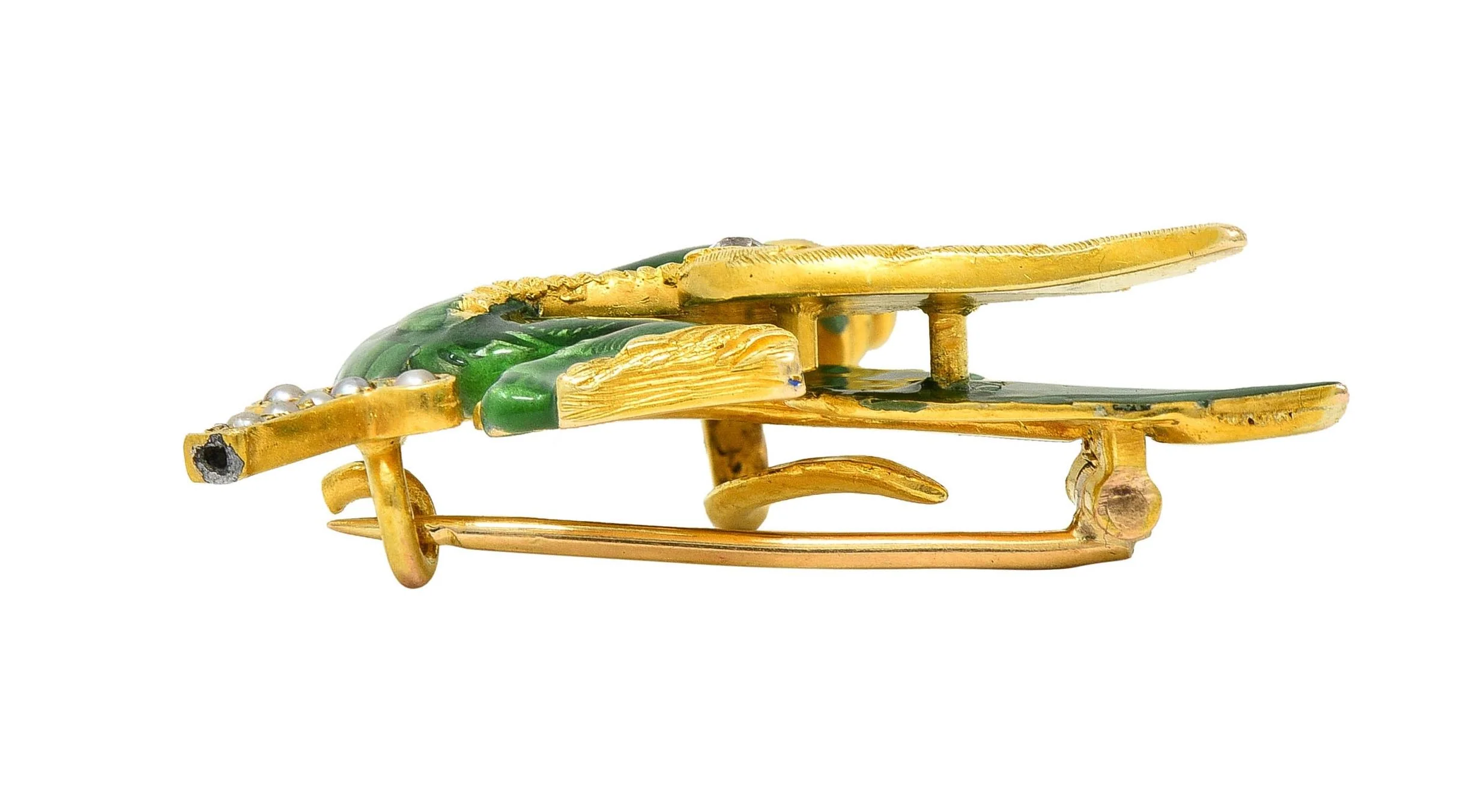 Riker Bros Art Nouveau Diamond Pearl Green Enamel 14K Yellow Gold Dragon Sword Antique Brooch - Image 11